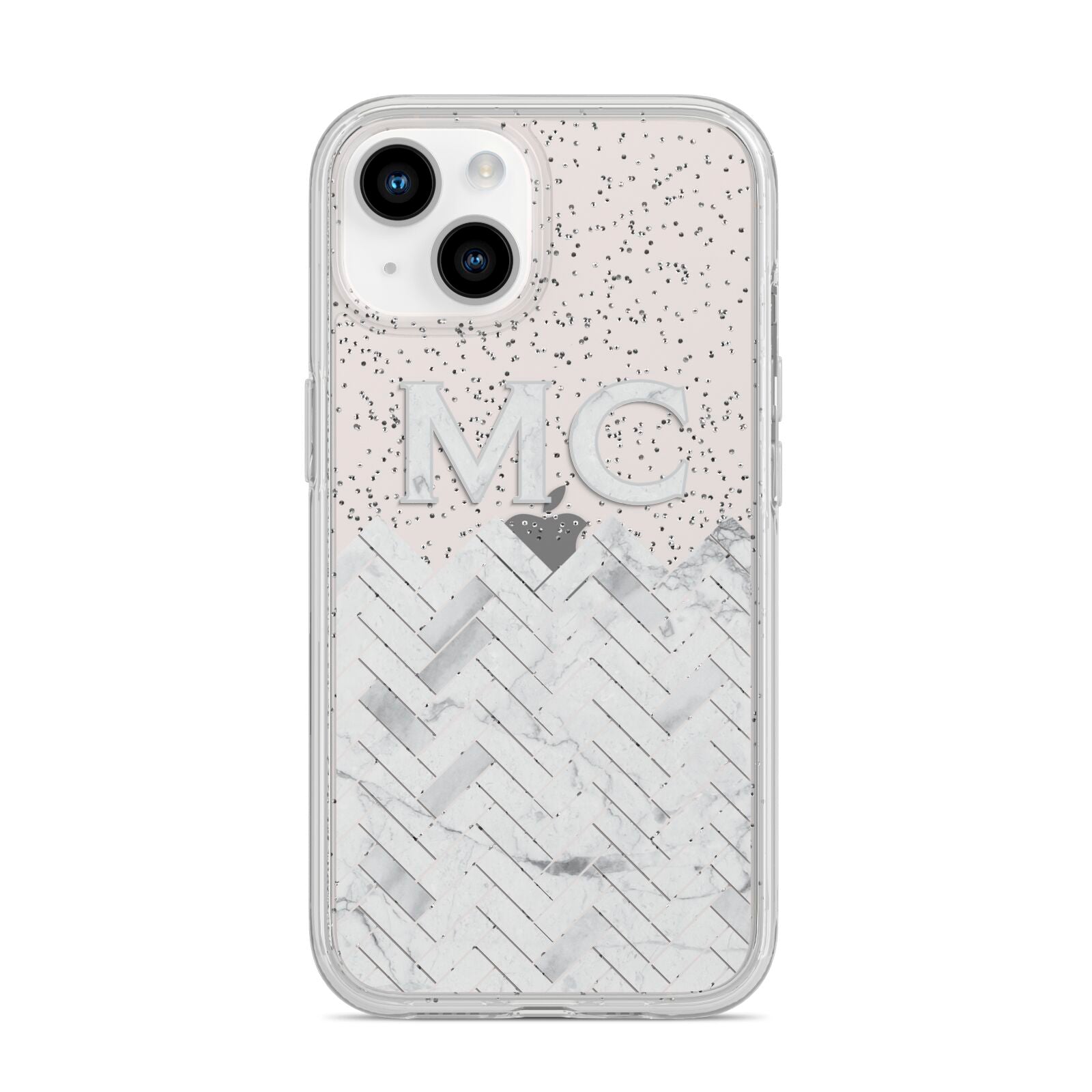 Personalised Marble Herringbone Clear iPhone 14 Glitter Tough Case Starlight