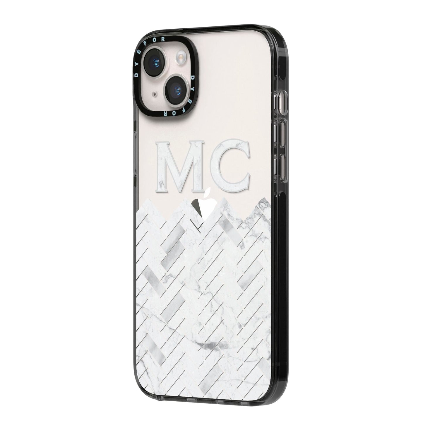 Personalised Marble Herringbone Clear iPhone 14 Plus Black Impact Case Side Angle on Silver phone