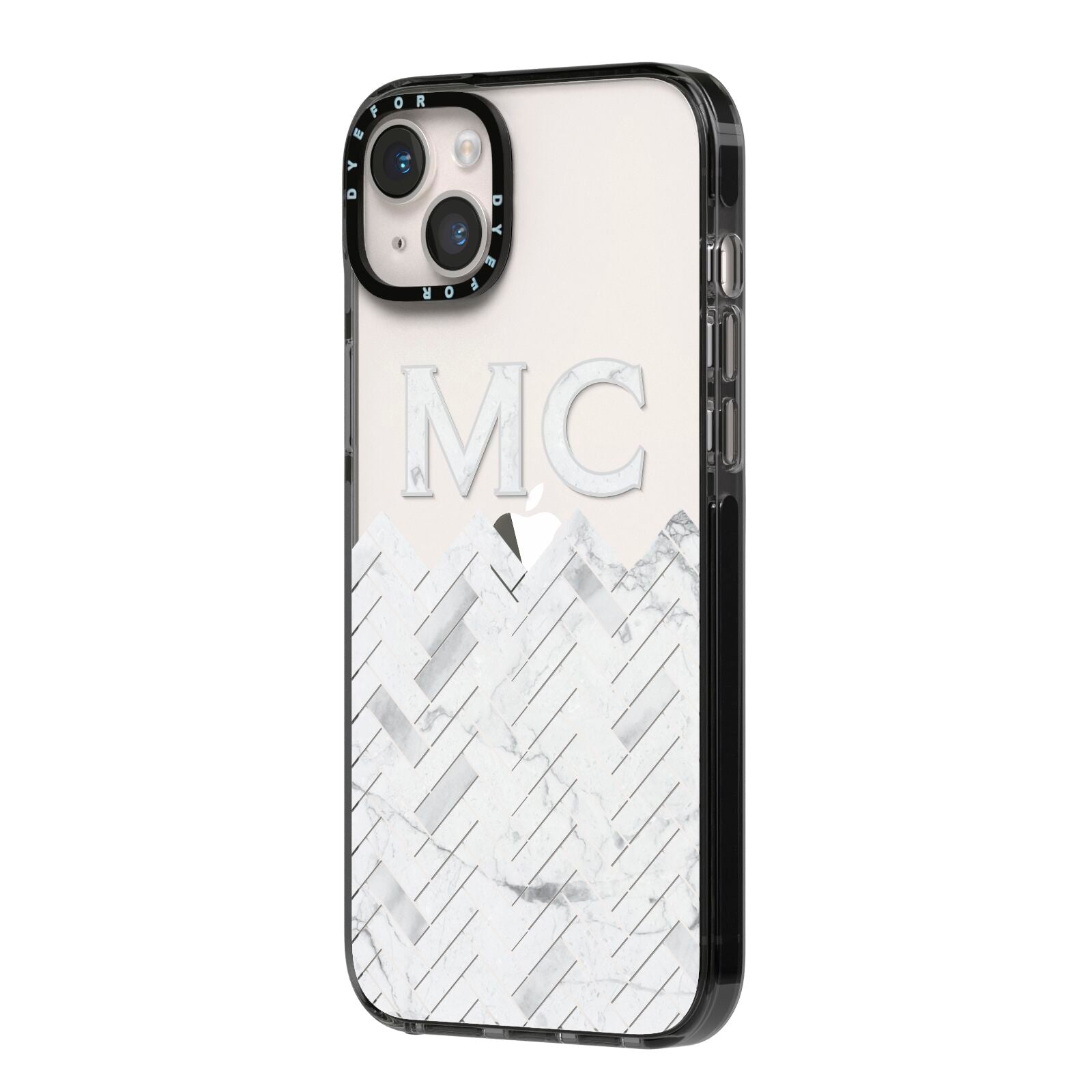 Personalised Marble Herringbone Clear iPhone 14 Plus Black Impact Case Side Angle on Silver phone