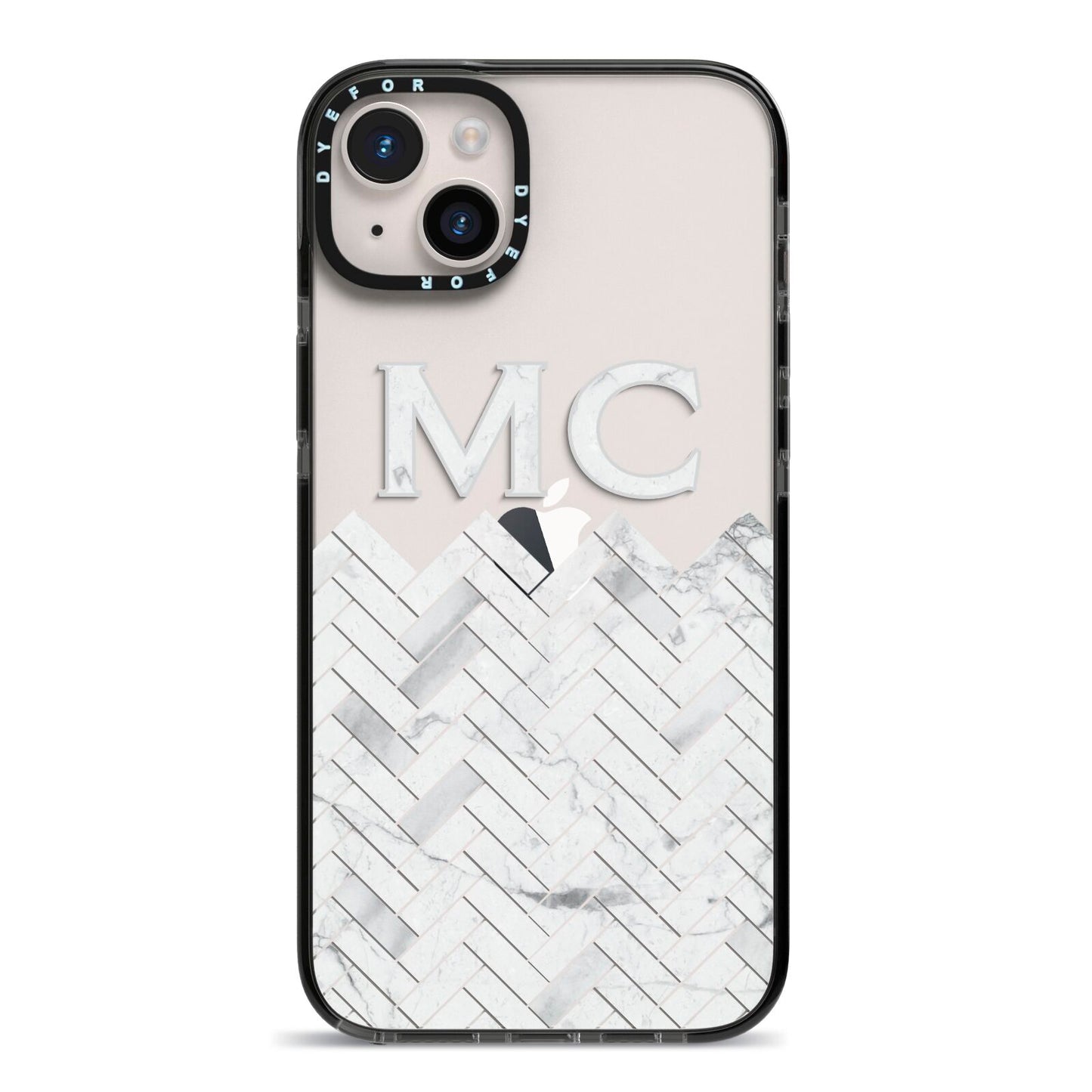 Personalised Marble Herringbone Clear iPhone 14 Plus Black Impact Case on Silver phone