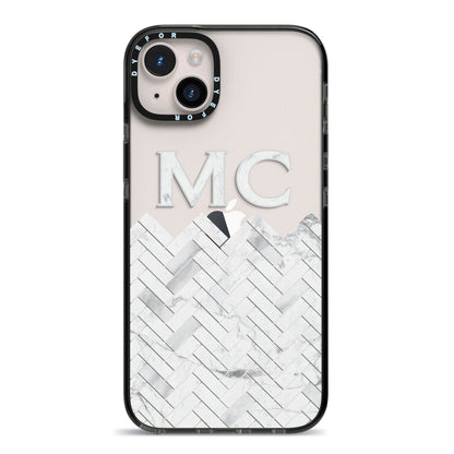 Personalised Marble Herringbone Clear iPhone 14 Plus Black Impact Case on Silver phone