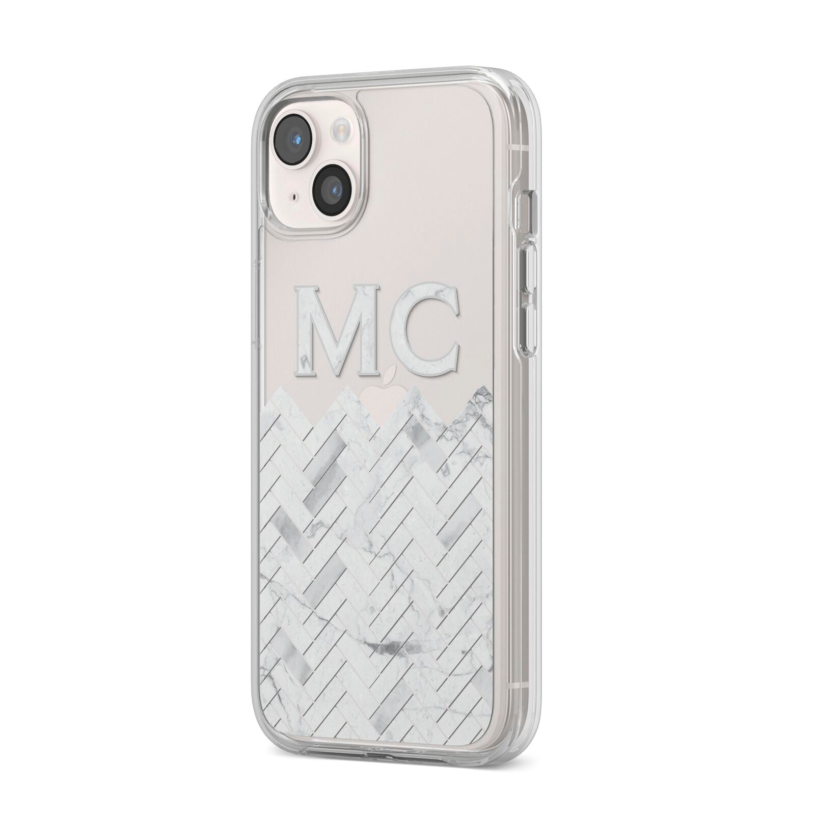 Personalised Marble Herringbone Clear iPhone 14 Plus Clear Tough Case Starlight Angled Image