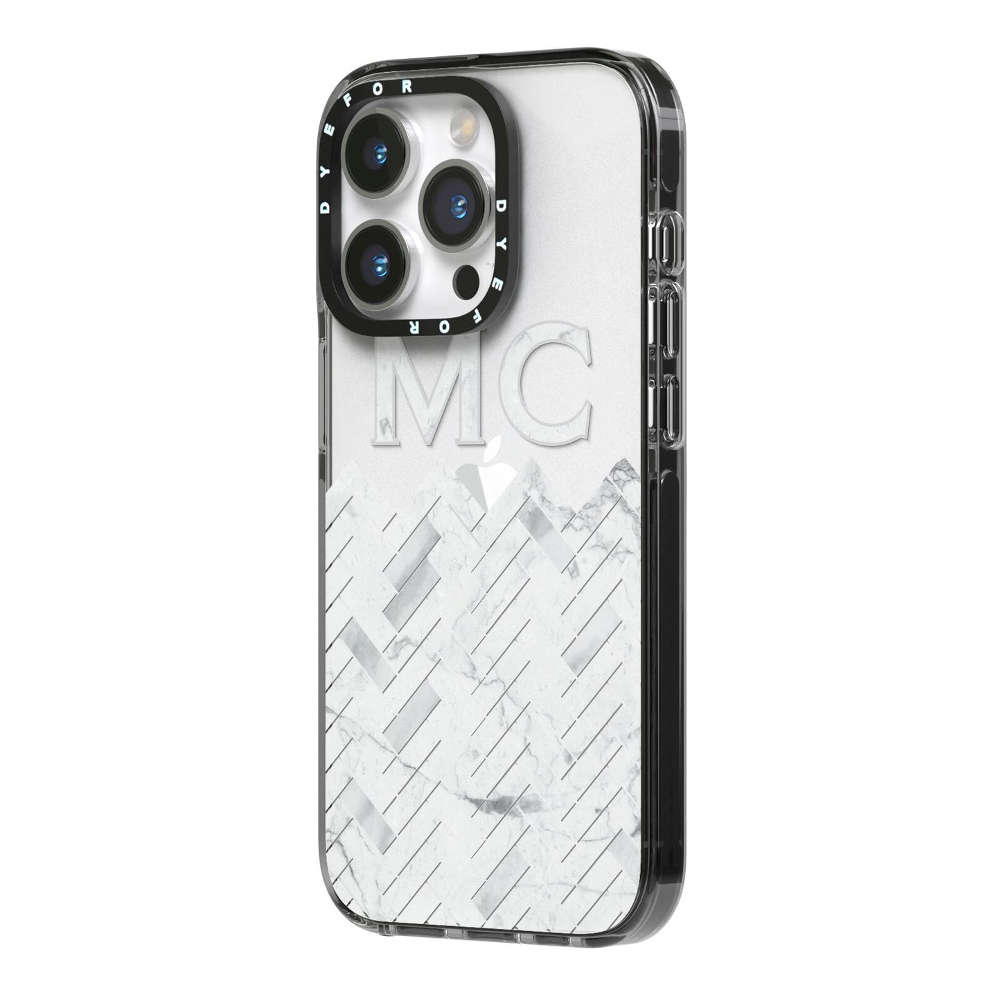 Personalised Marble Herringbone Clear iPhone 14 Pro Black Impact Case Side Angle on Silver phone