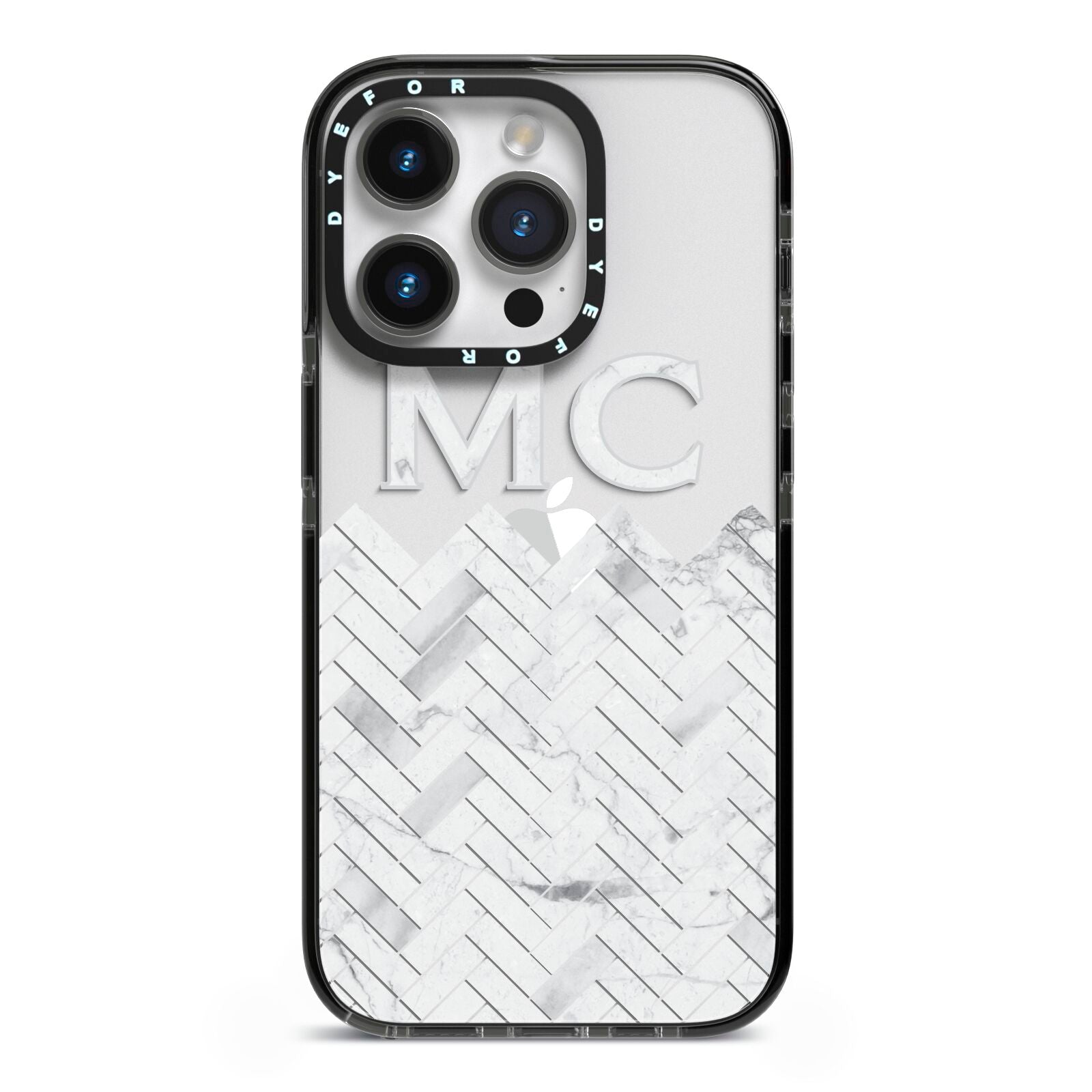 Personalised Marble Herringbone Clear iPhone 14 Pro Black Impact Case on Silver phone
