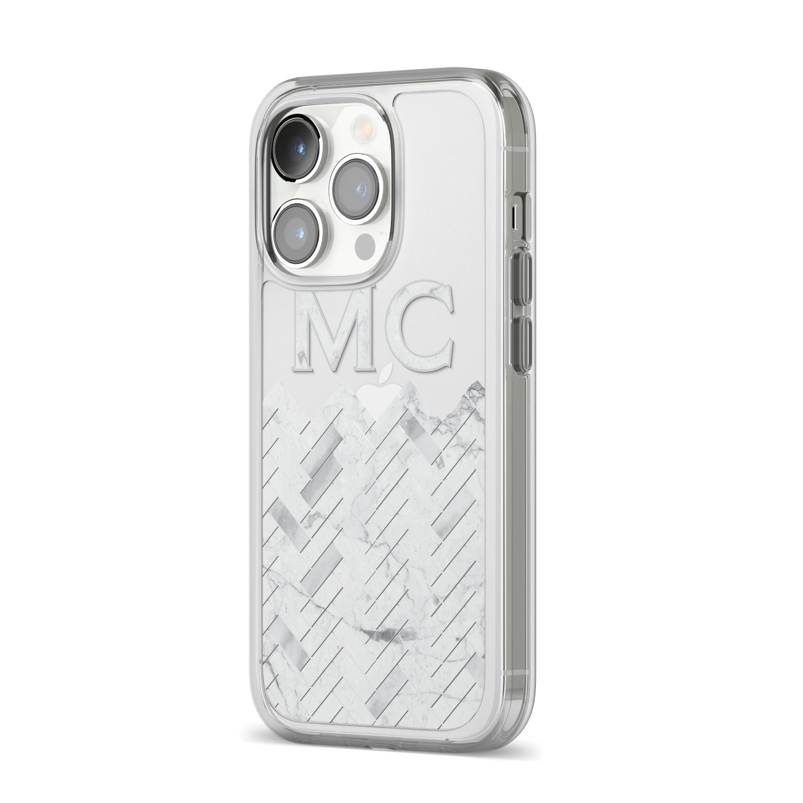Personalised Marble Herringbone Clear iPhone 14 Pro Clear Tough Case Silver Angled Image