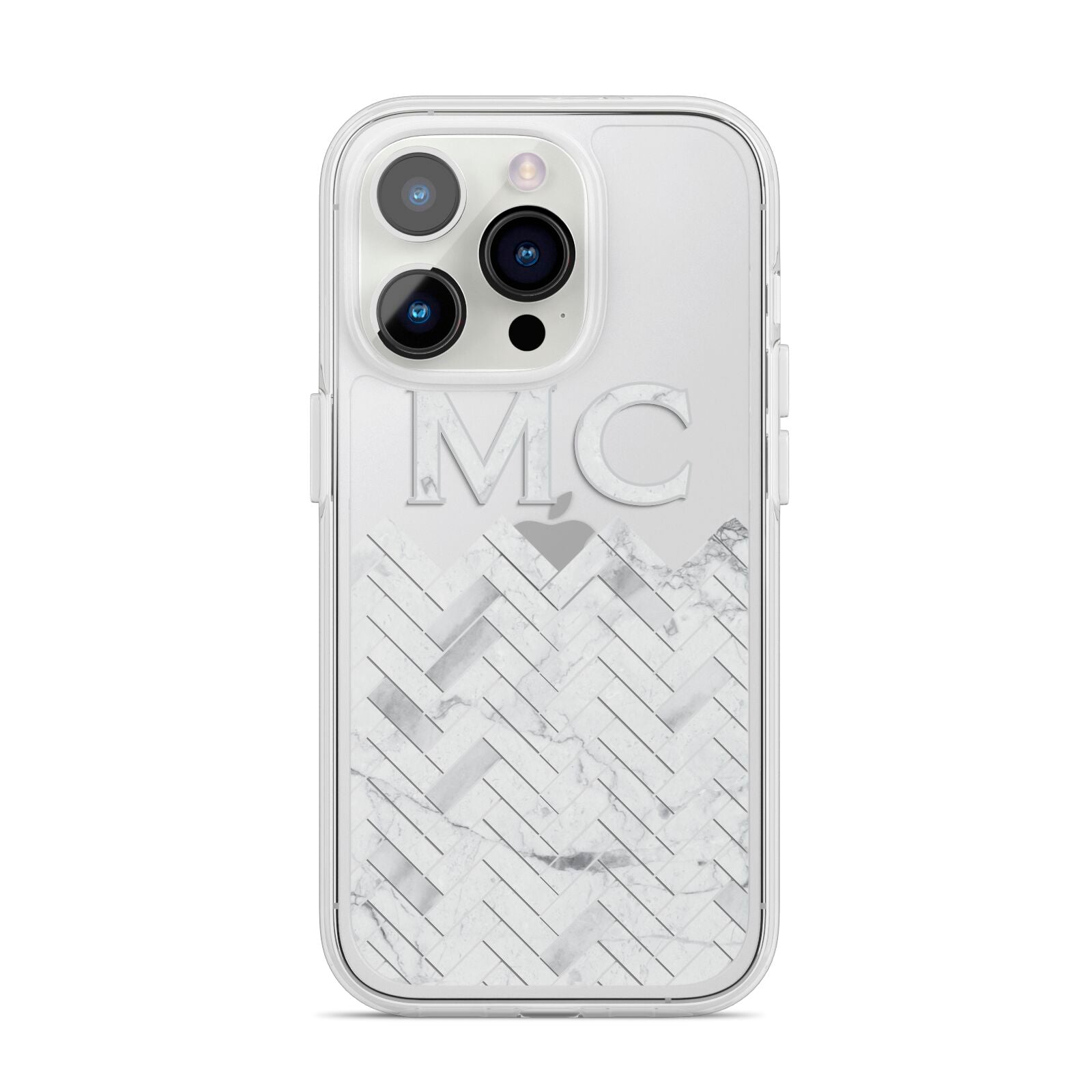 Personalised Marble Herringbone Clear iPhone 14 Pro Clear Tough Case Silver