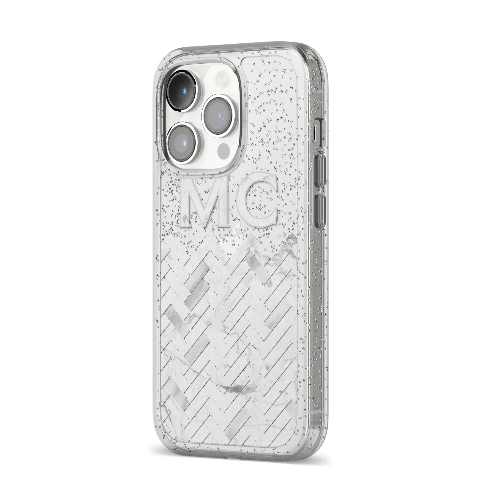 Personalised Marble Herringbone Clear iPhone 14 Pro Glitter Tough Case Silver Angled Image