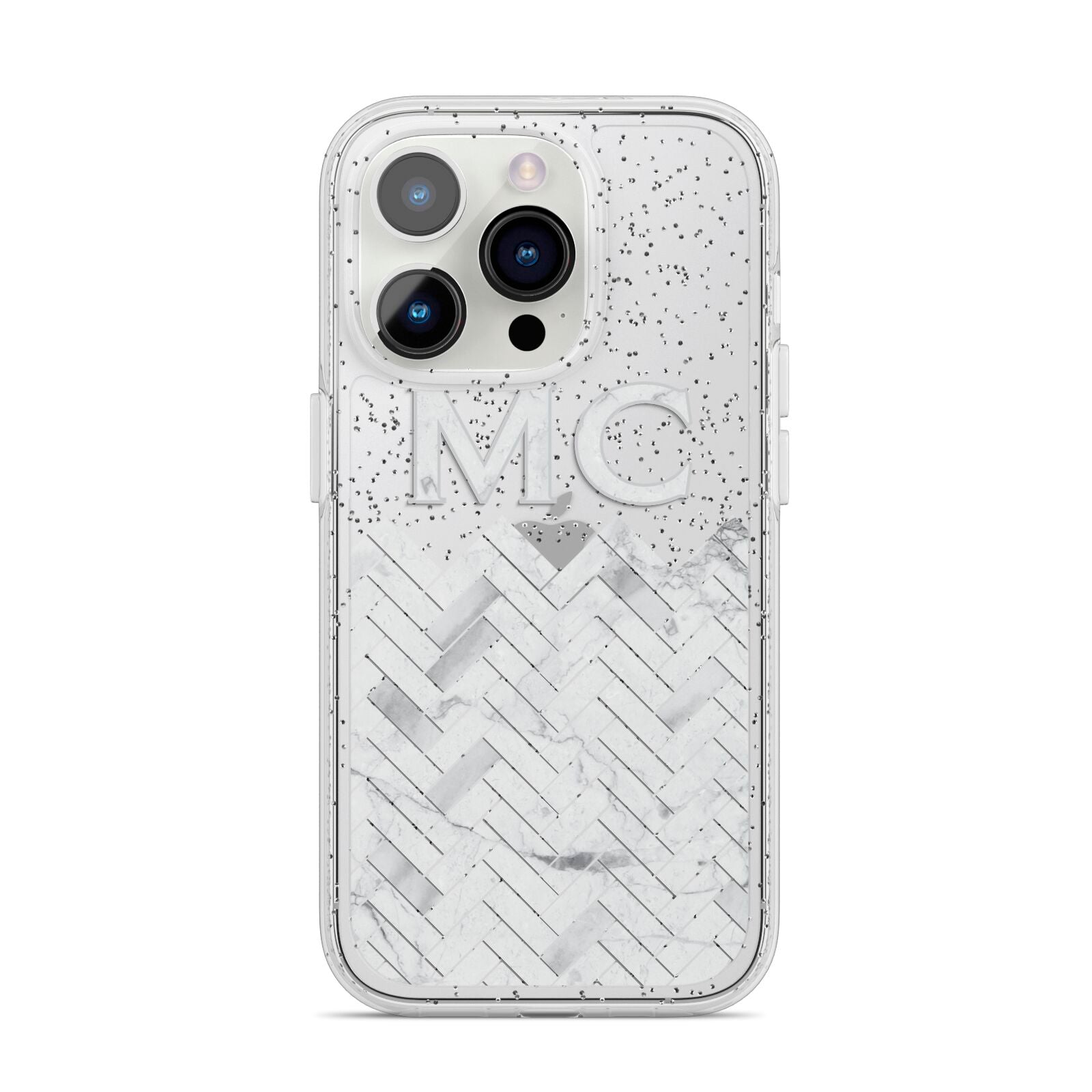 Personalised Marble Herringbone Clear iPhone 14 Pro Glitter Tough Case Silver