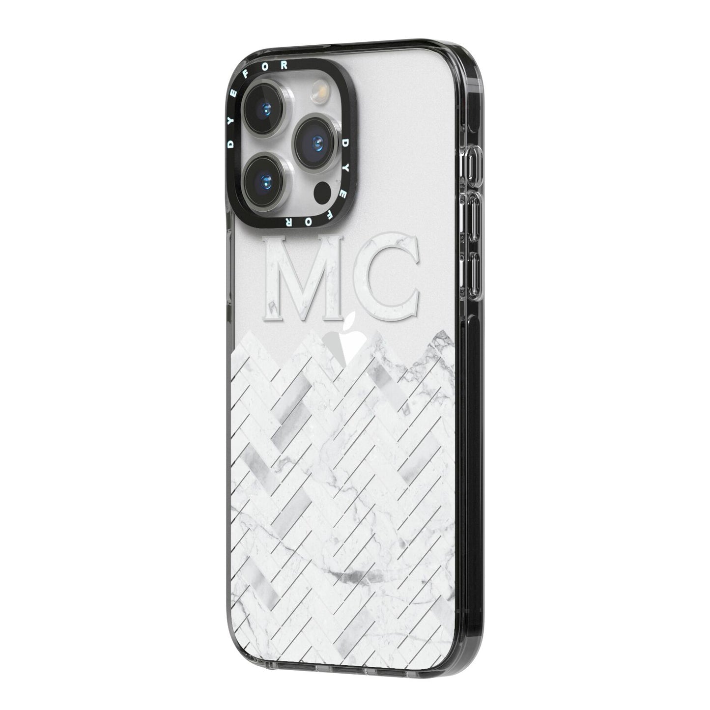 Personalised Marble Herringbone Clear iPhone 14 Pro Max Black Impact Case Side Angle on Silver phone