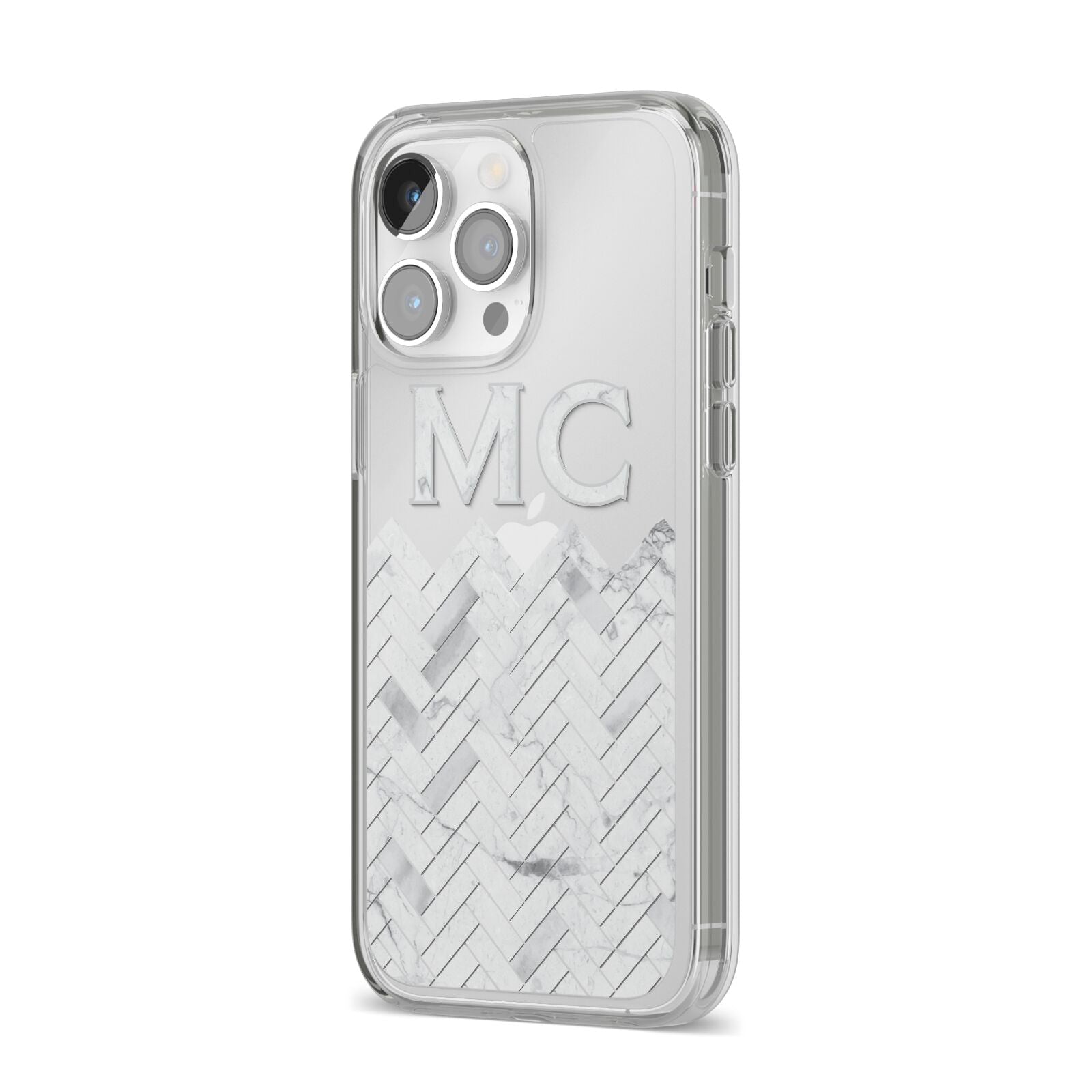 Personalised Marble Herringbone Clear iPhone 14 Pro Max Clear Tough Case Silver Angled Image