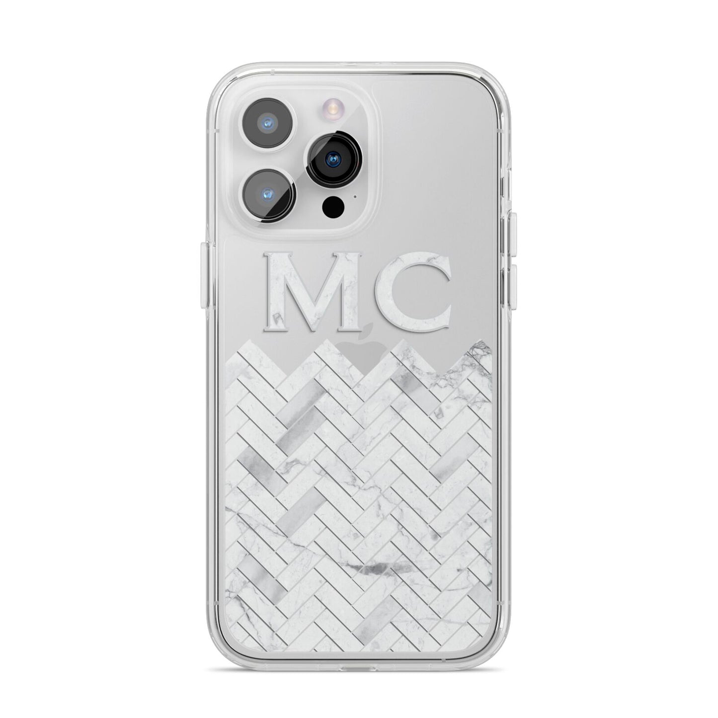 Personalised Marble Herringbone Clear iPhone 14 Pro Max Clear Tough Case Silver