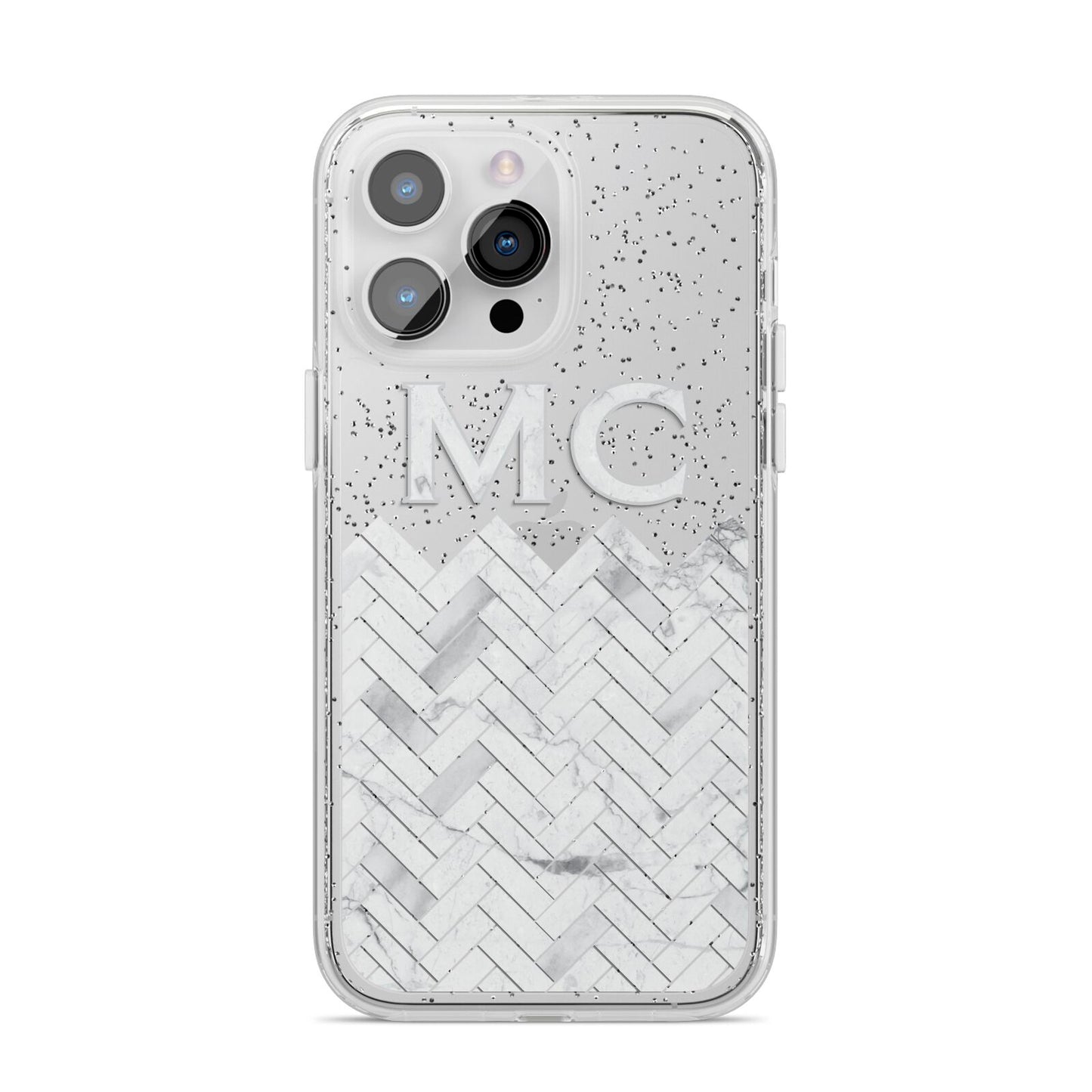 Personalised Marble Herringbone Clear iPhone 14 Pro Max Glitter Tough Case Silver