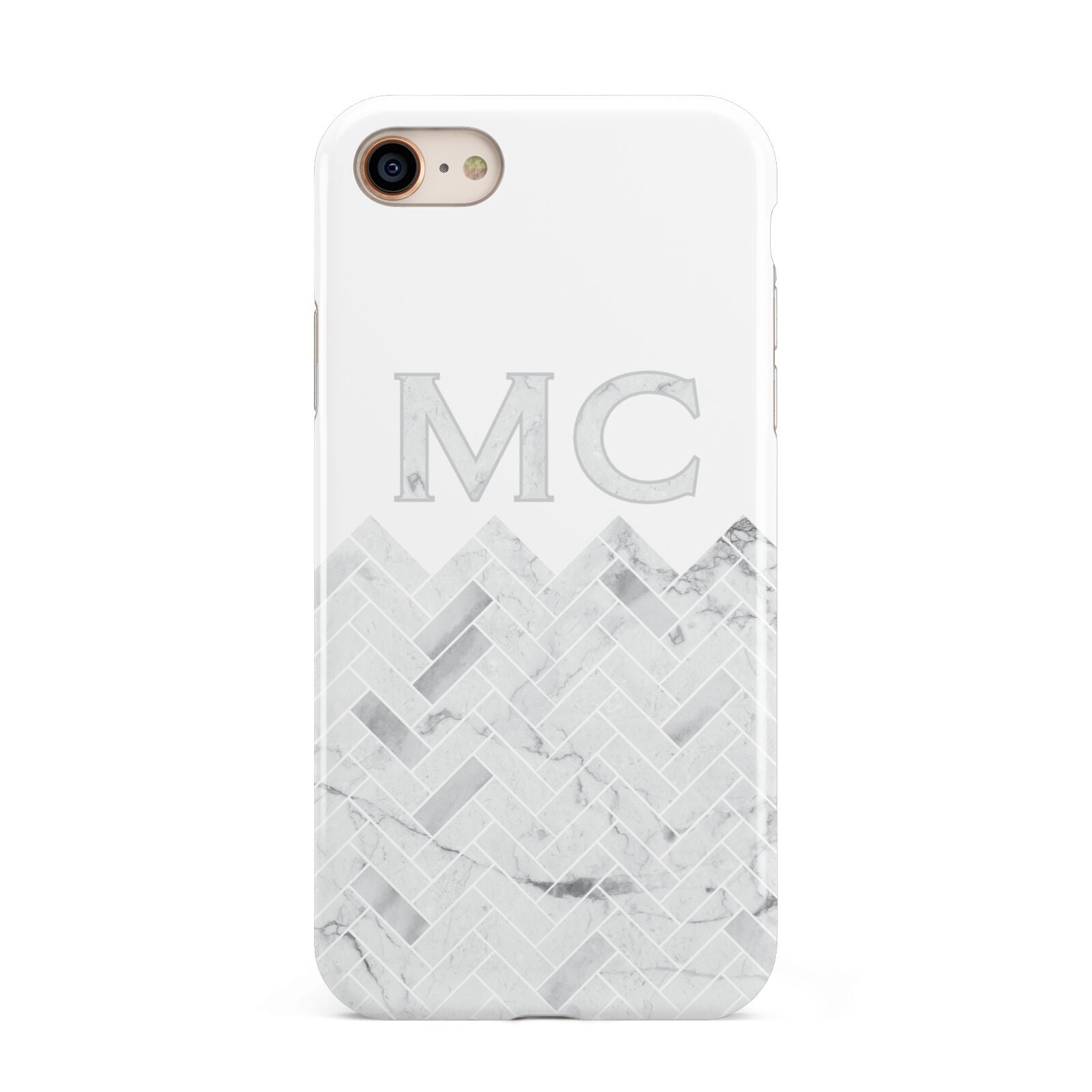 Personalised Marble Herringbone Clear iPhone 8 3D Tough Case on Gold Phone