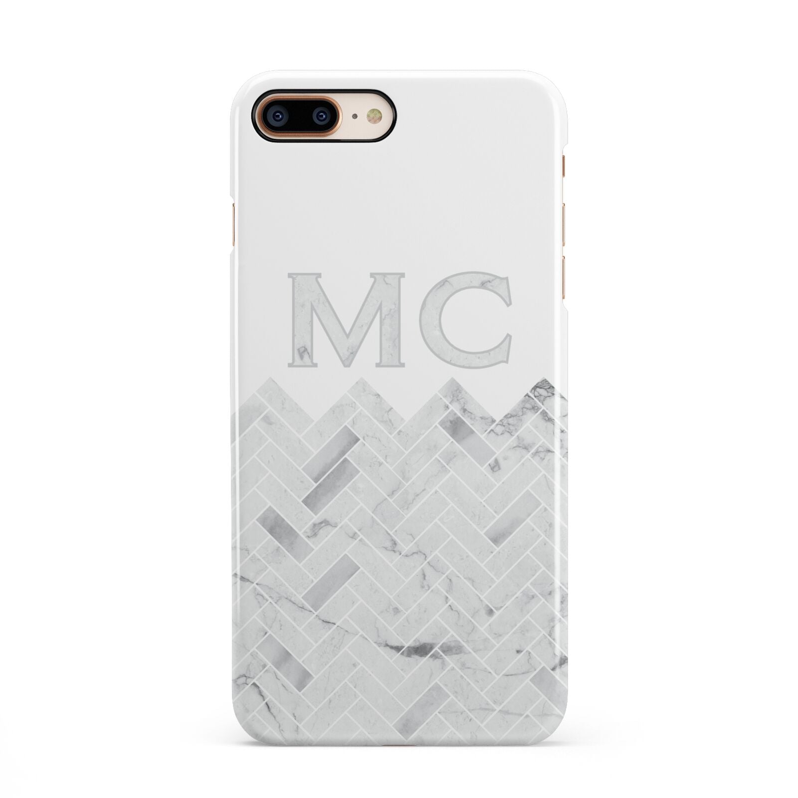Personalised Marble Herringbone Clear iPhone 8 Plus 3D Snap Case on Gold Phone