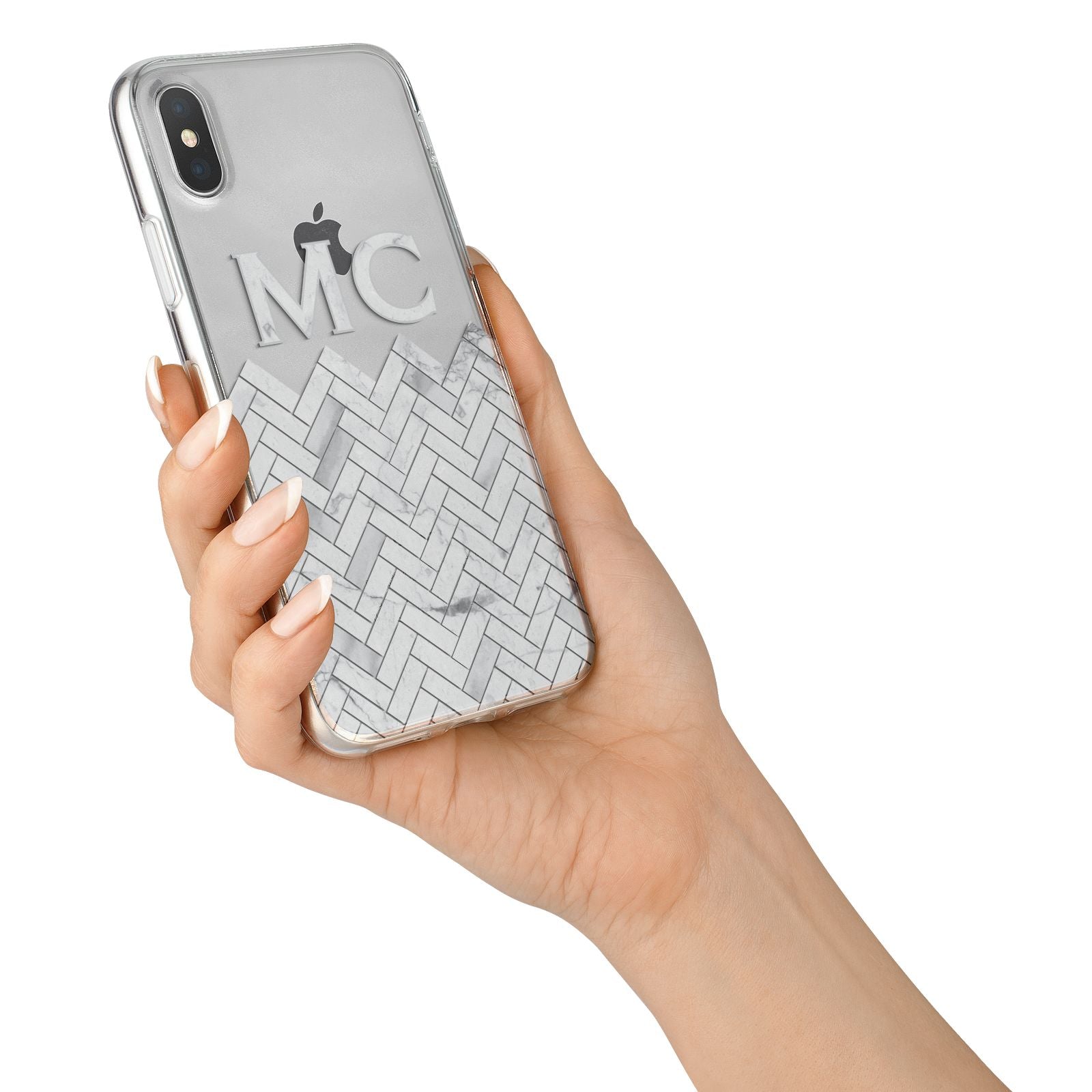 Personalised Marble Herringbone Clear iPhone X Bumper Case on Silver iPhone Alternative Image 2