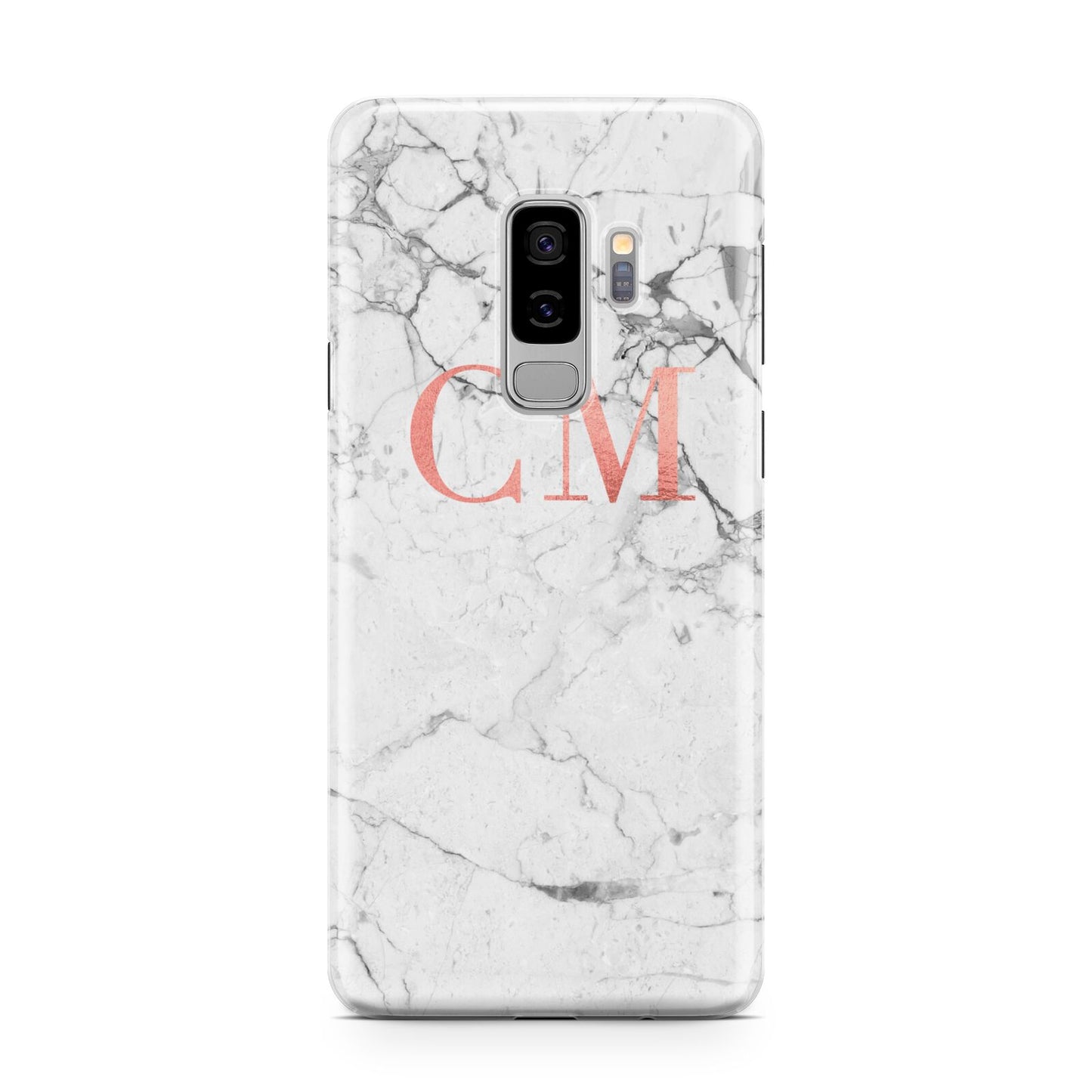 Personalised Marble Initial Rose Gold Samsung Galaxy S9 Plus Case on Silver phone