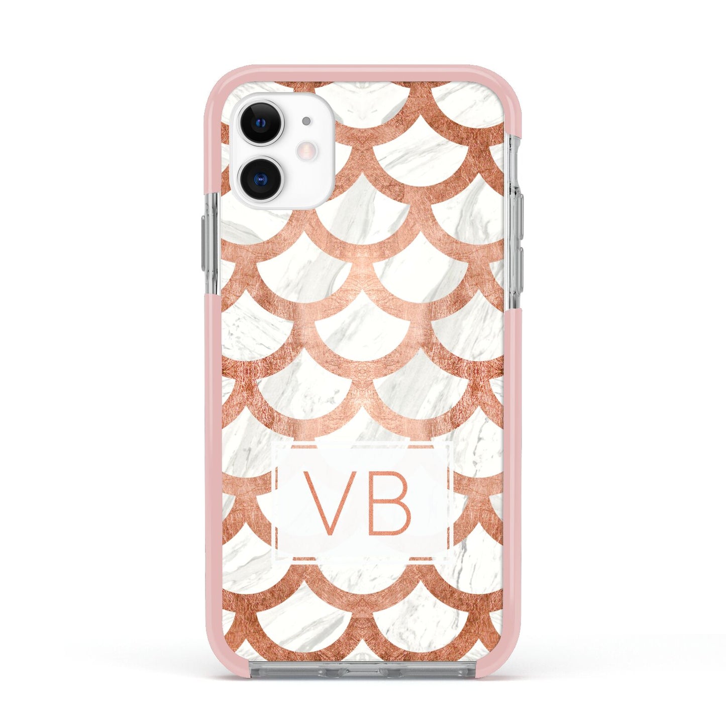 Personalised Marble Initials Scales Apple iPhone 11 in White with Pink Impact Case