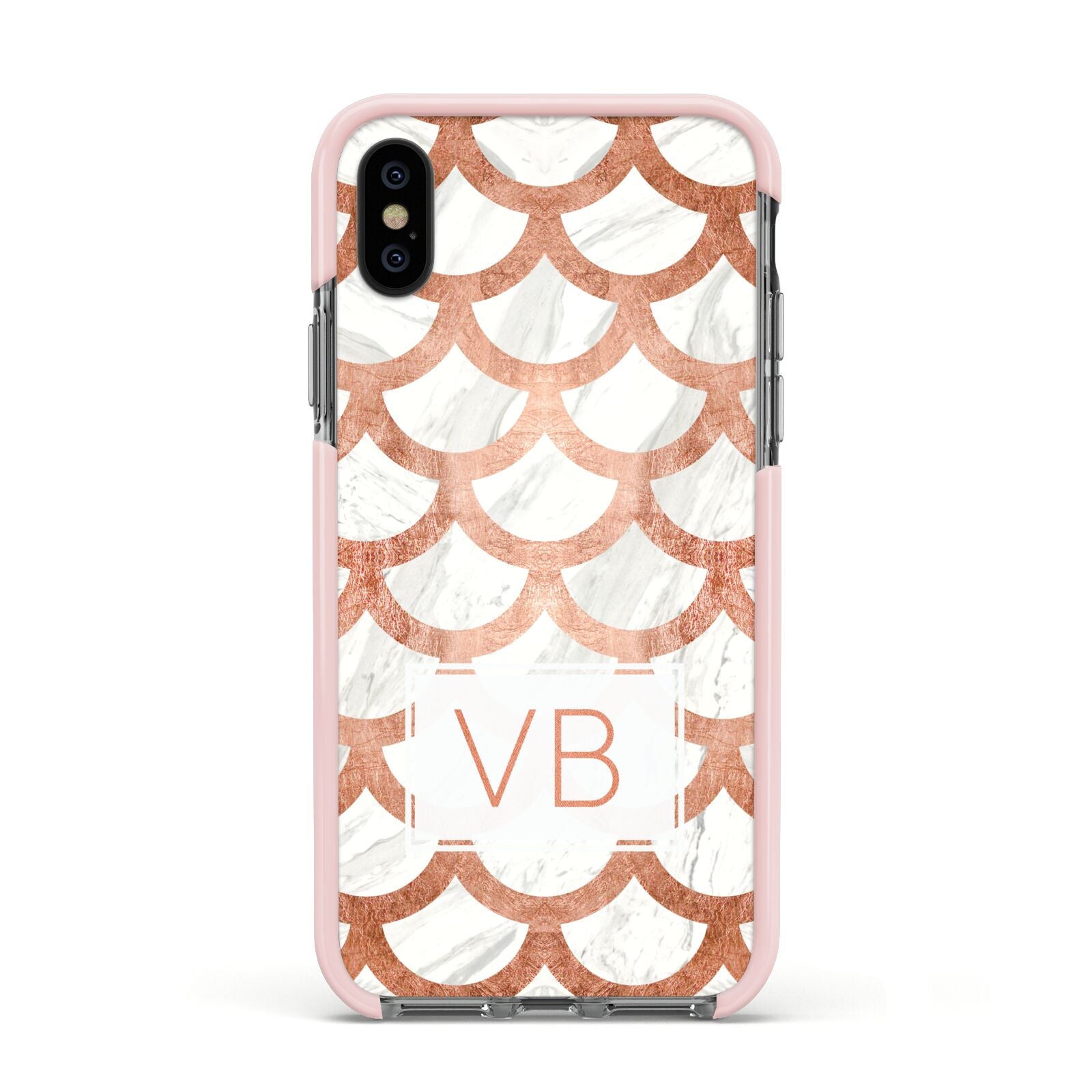 Personalised Marble Initials Scales Apple iPhone Xs Impact Case Pink Edge on Black Phone