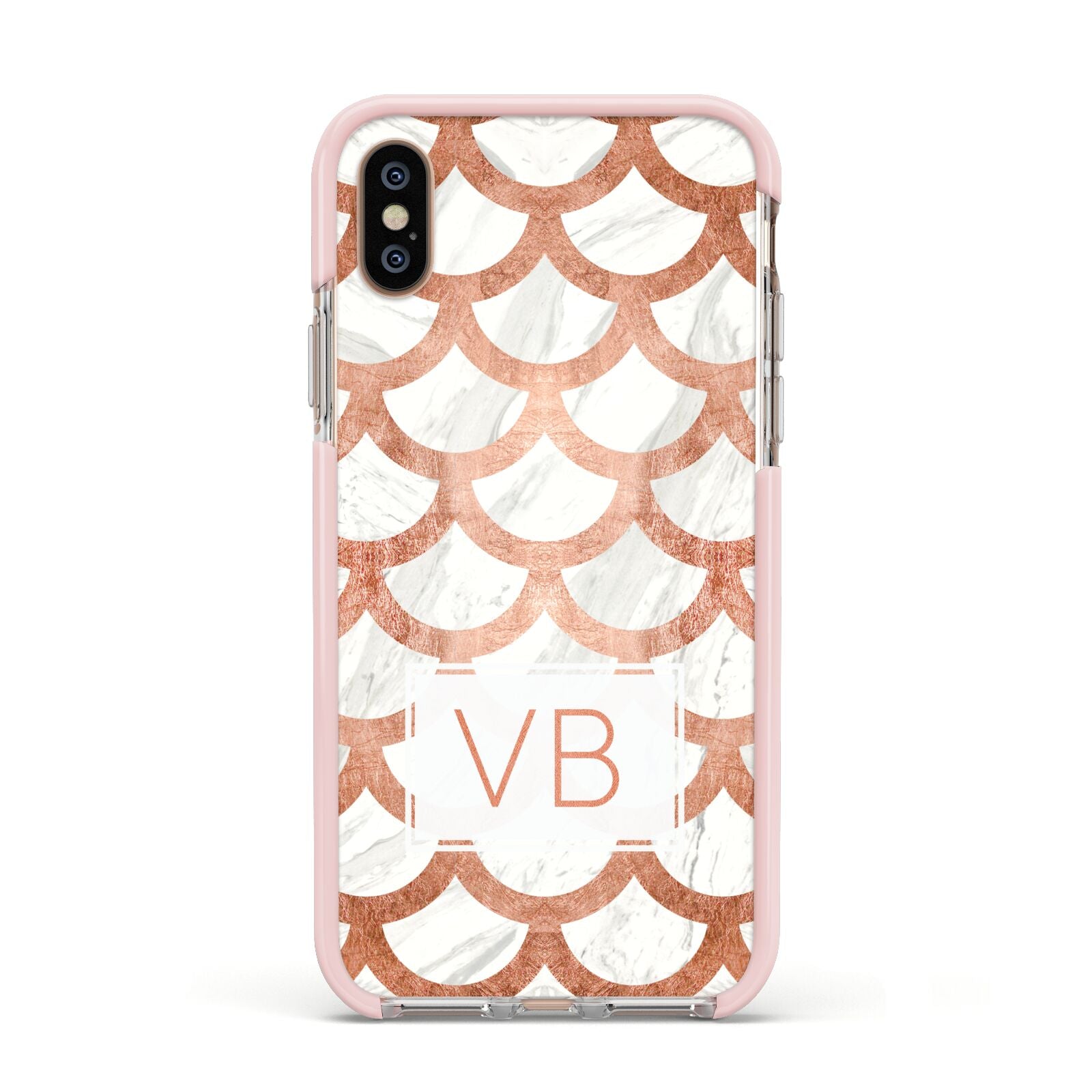 Personalised Marble Initials Scales Apple iPhone Xs Impact Case Pink Edge on Gold Phone