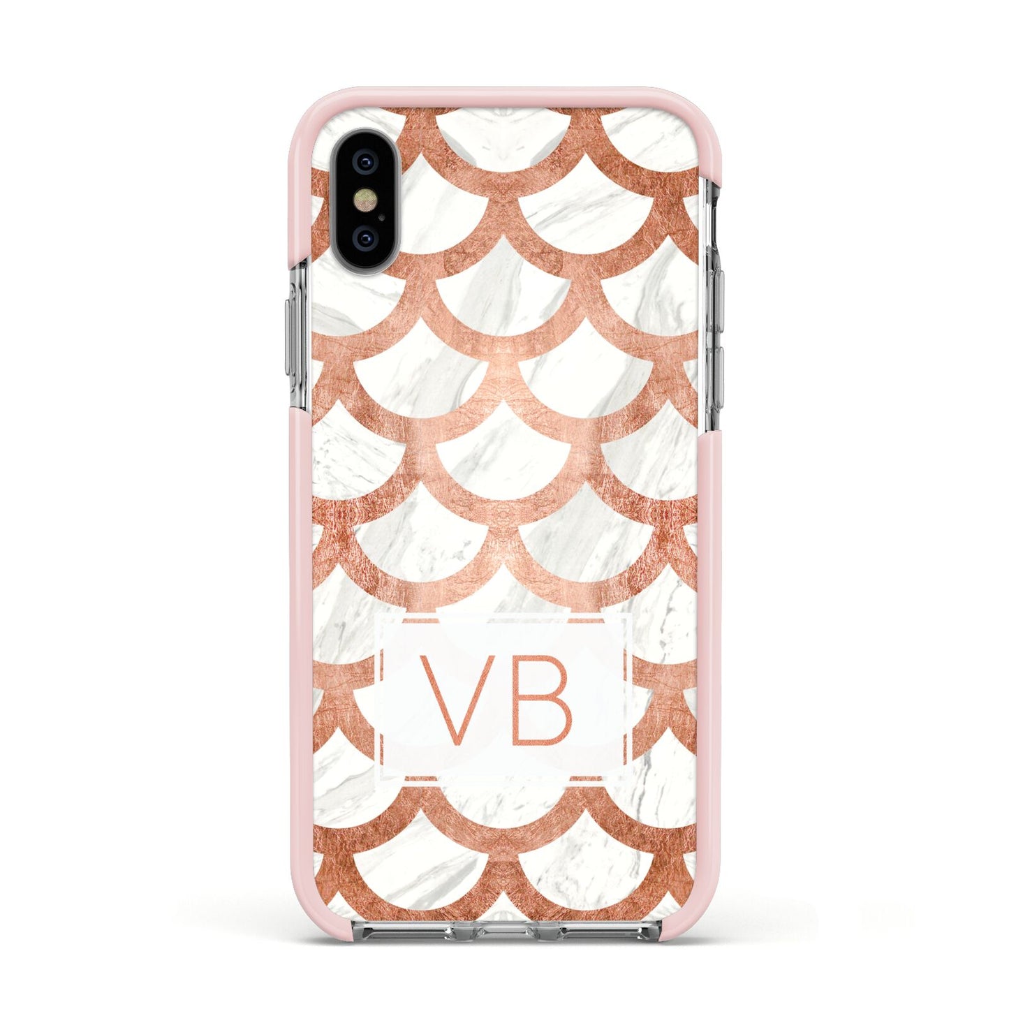 Personalised Marble Initials Scales Apple iPhone Xs Impact Case Pink Edge on Silver Phone