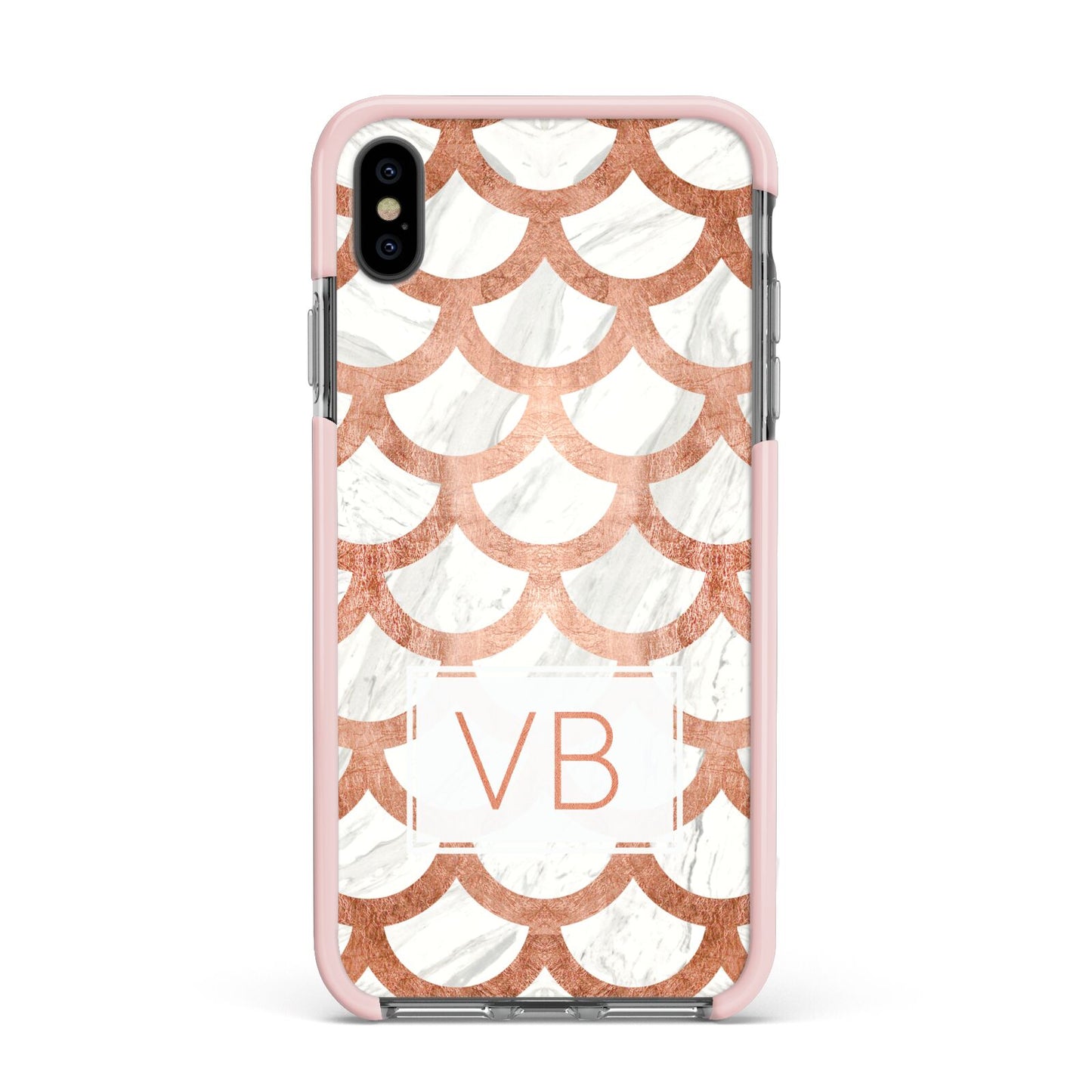 Personalised Marble Initials Scales Apple iPhone Xs Max Impact Case Pink Edge on Black Phone