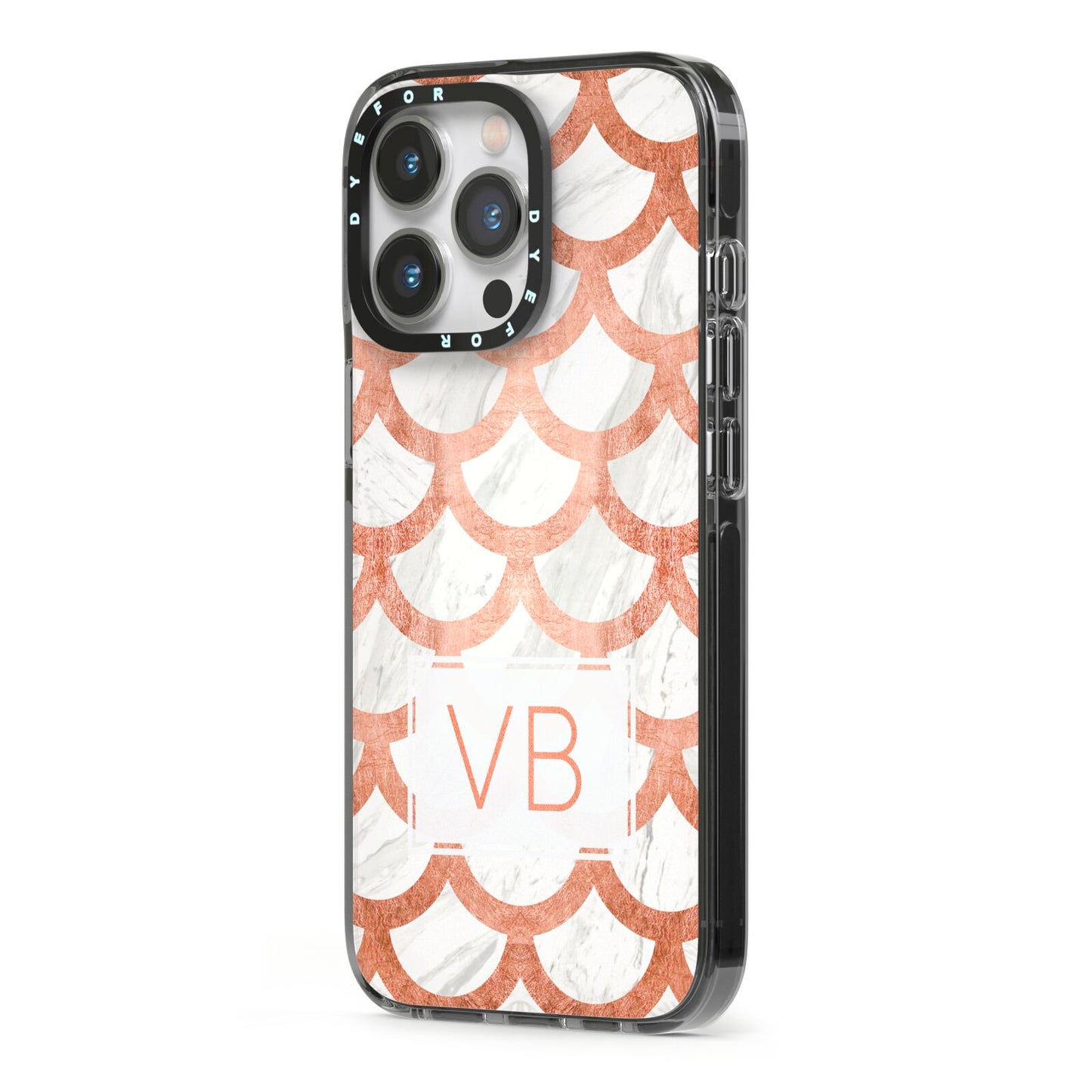 Personalised Marble Initials Scales iPhone 13 Pro Black Impact Case Side Angle on Silver phone