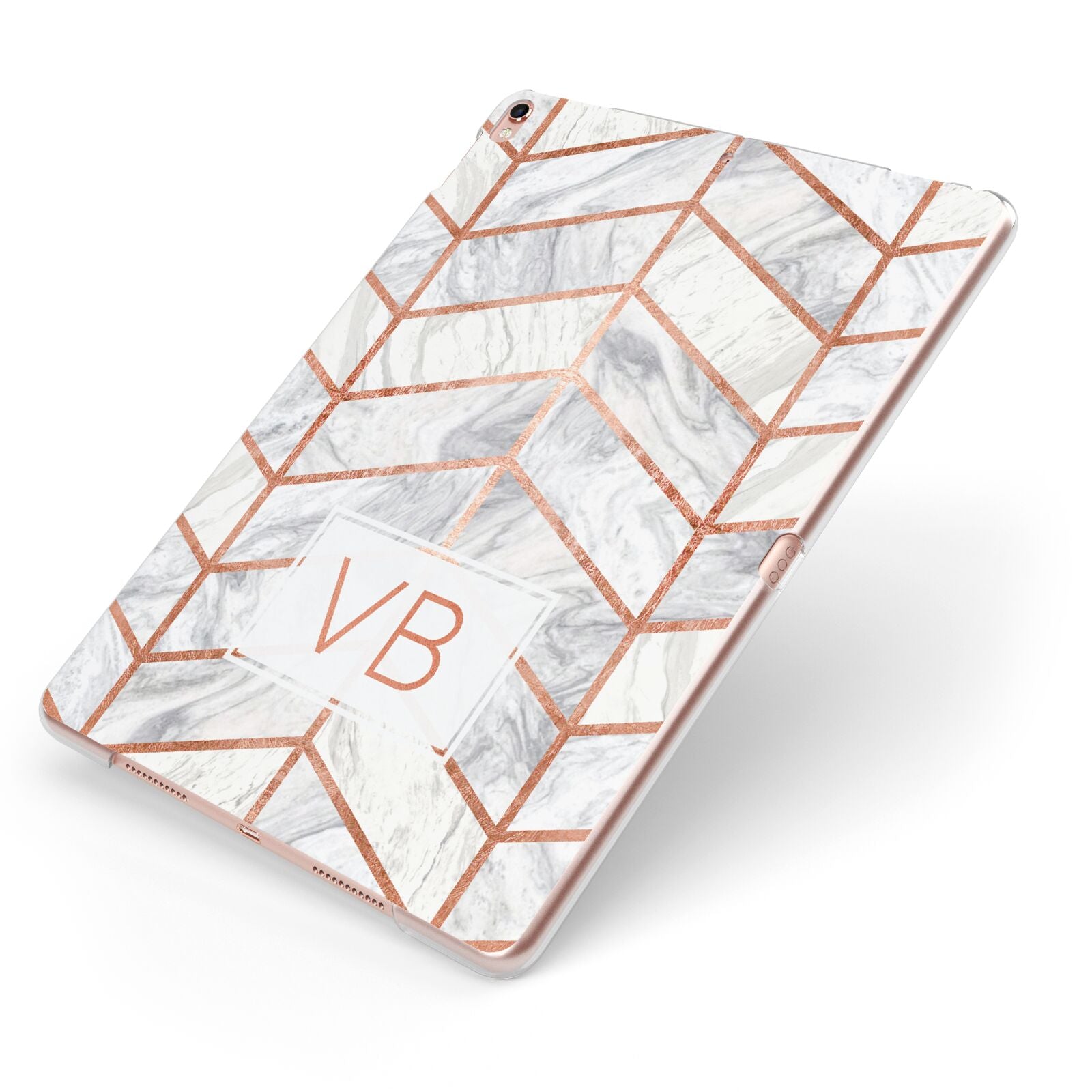 Personalised Marble Initials Shapes Apple iPad Case on Rose Gold iPad Side View