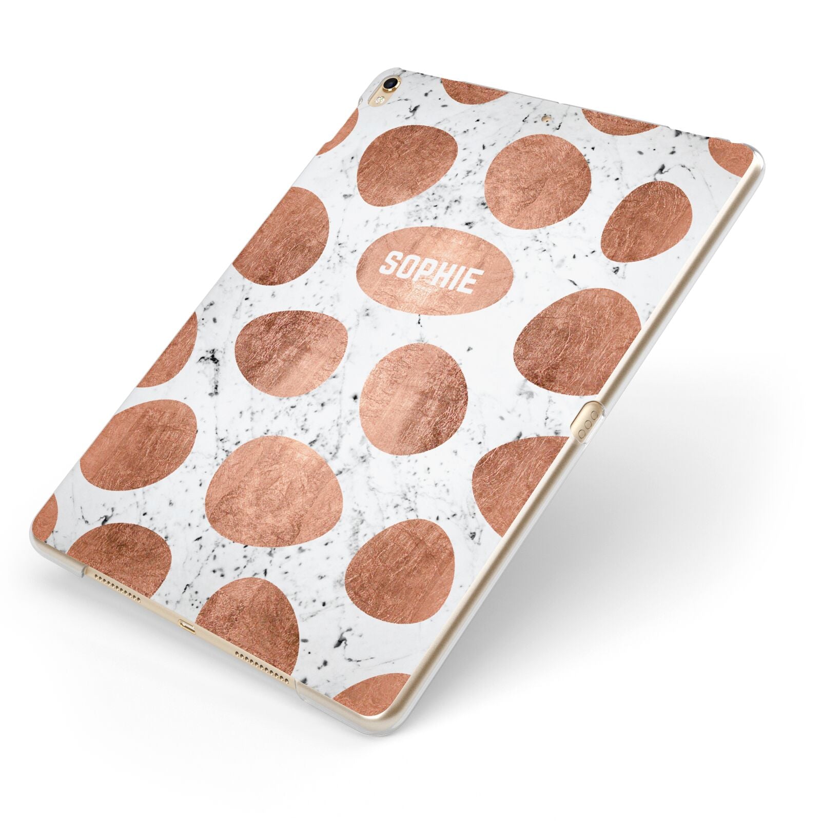 Personalised Marble Name Initials Rose Gold Dots Apple iPad Case on Gold iPad Side View