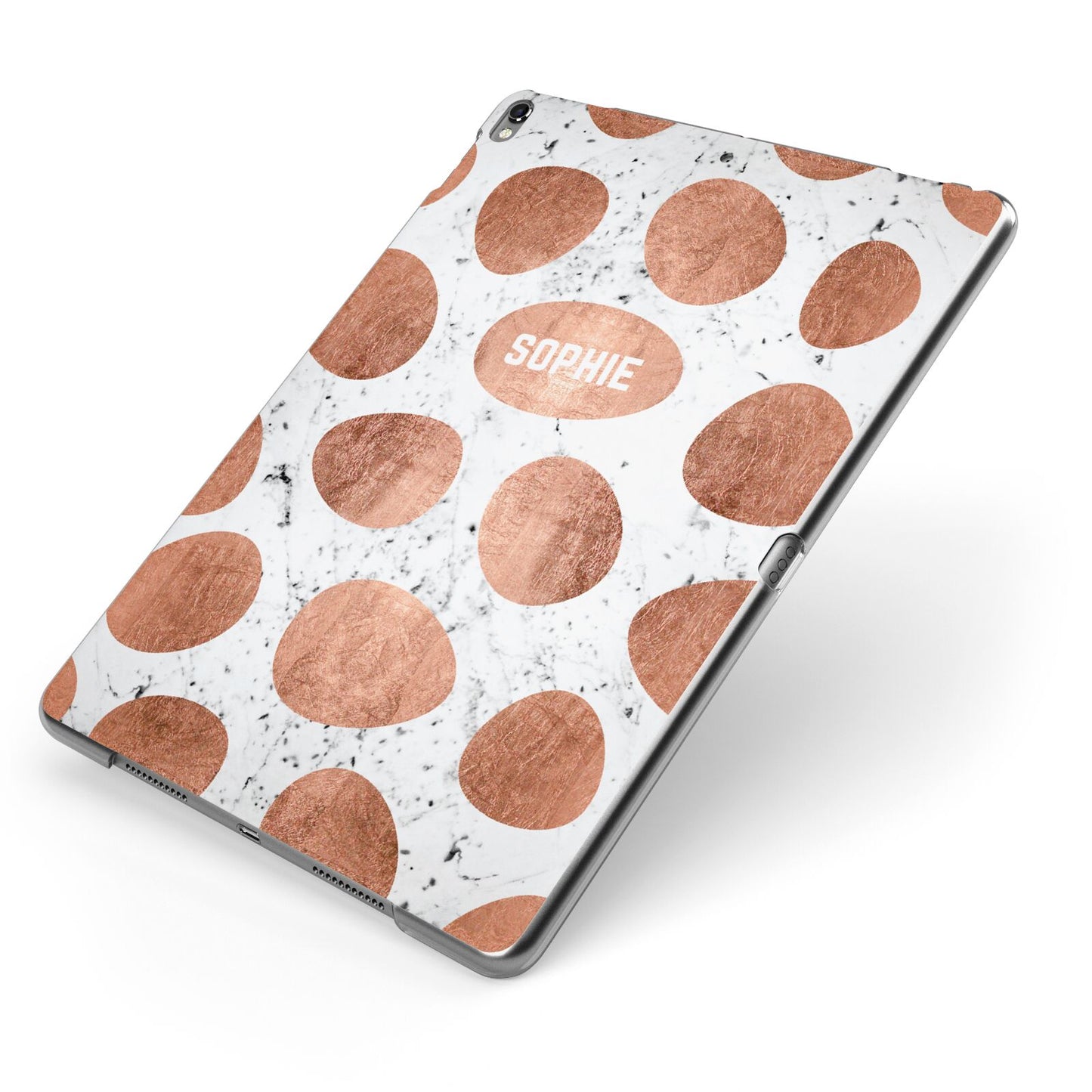 Personalised Marble Name Initials Rose Gold Dots Apple iPad Case on Grey iPad Side View