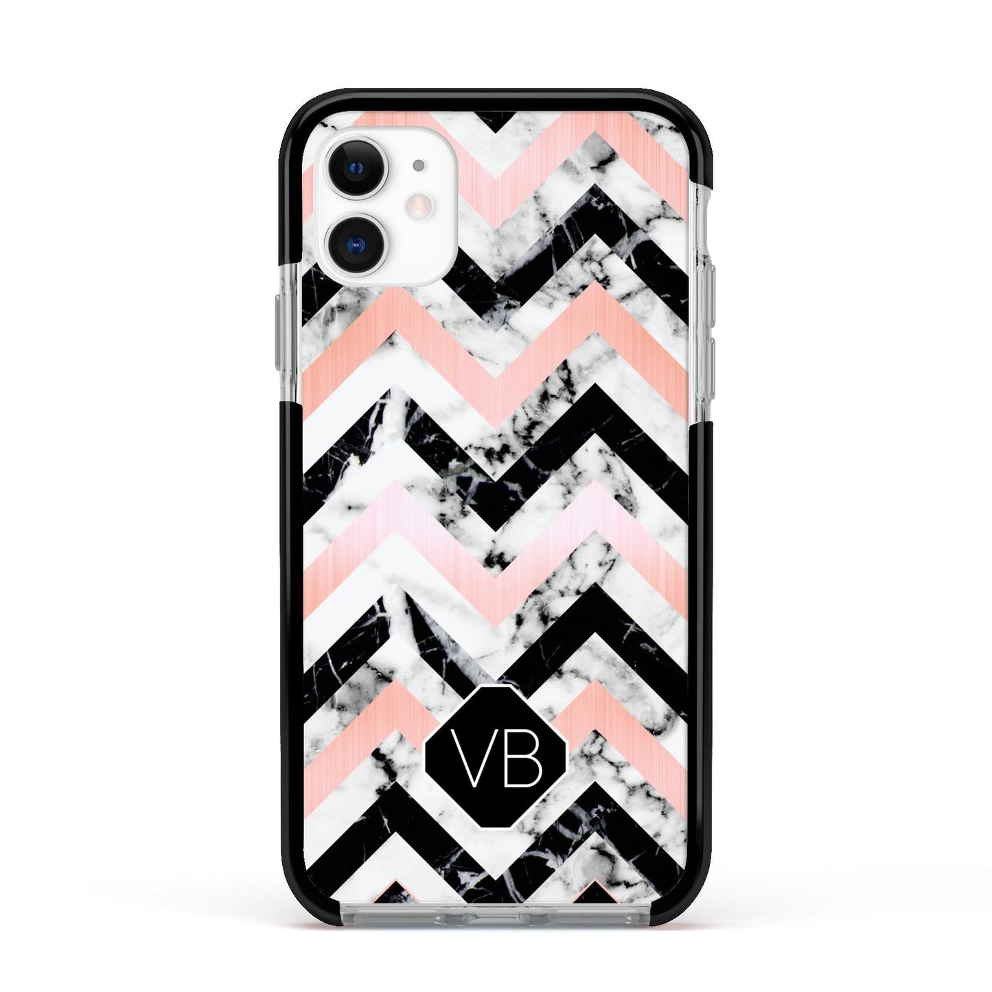 Personalised Marble Pattern Initials Apple iPhone 11 in White with Black Impact Case