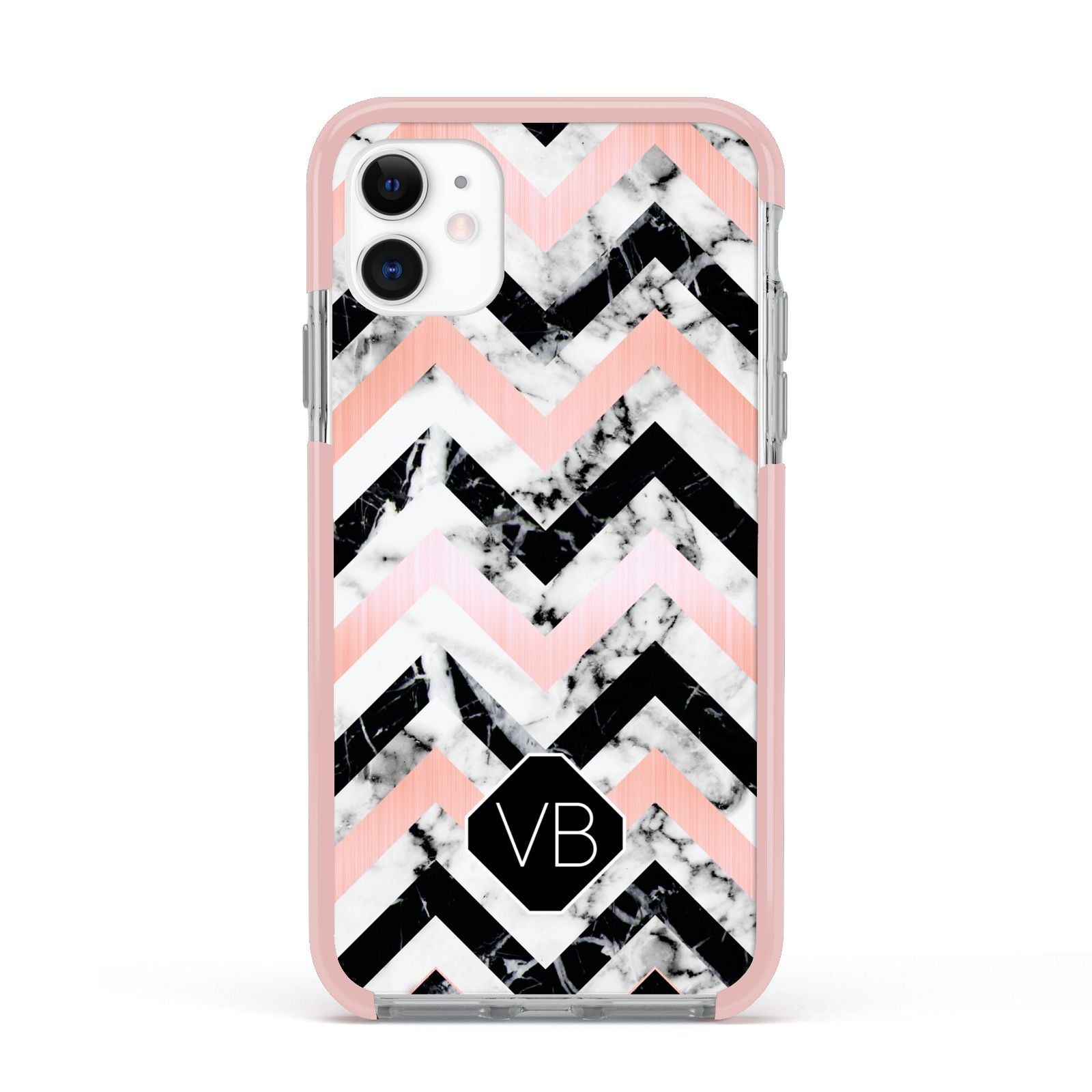 Personalised Marble Pattern Initials Apple iPhone 11 in White with Pink Impact Case