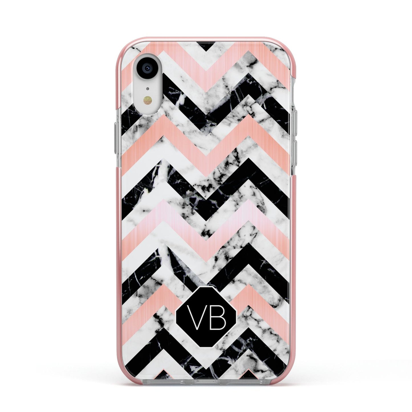 Personalised Marble Pattern Initials Apple iPhone XR Impact Case Pink Edge on Silver Phone