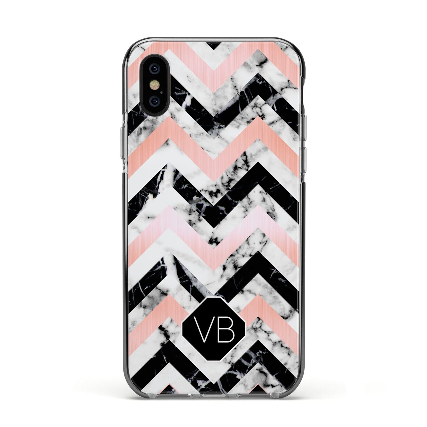 Personalised Marble Pattern Initials Apple iPhone Xs Impact Case Black Edge on Black Phone