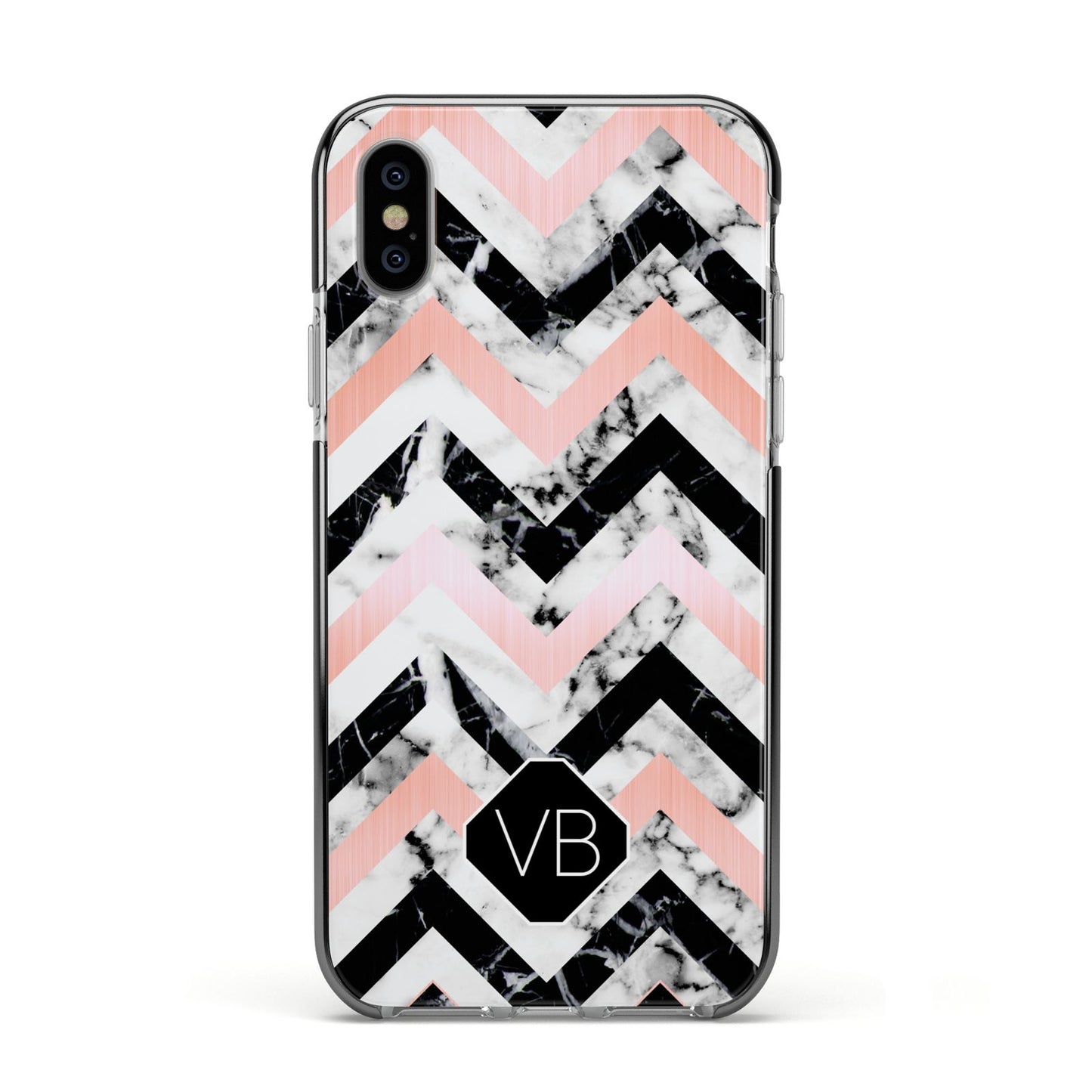 Personalised Marble Pattern Initials Apple iPhone Xs Impact Case Black Edge on Silver Phone