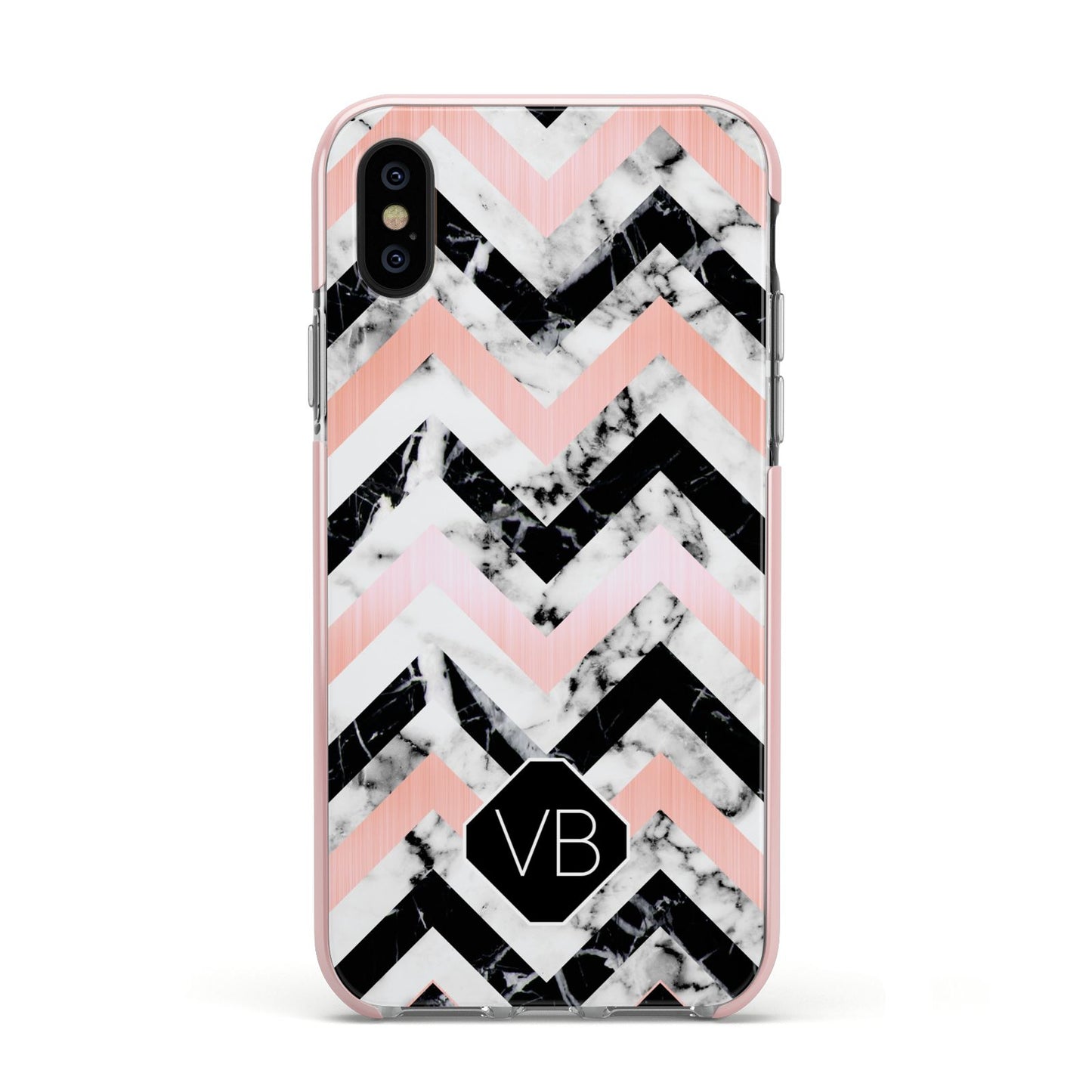 Personalised Marble Pattern Initials Apple iPhone Xs Impact Case Pink Edge on Black Phone