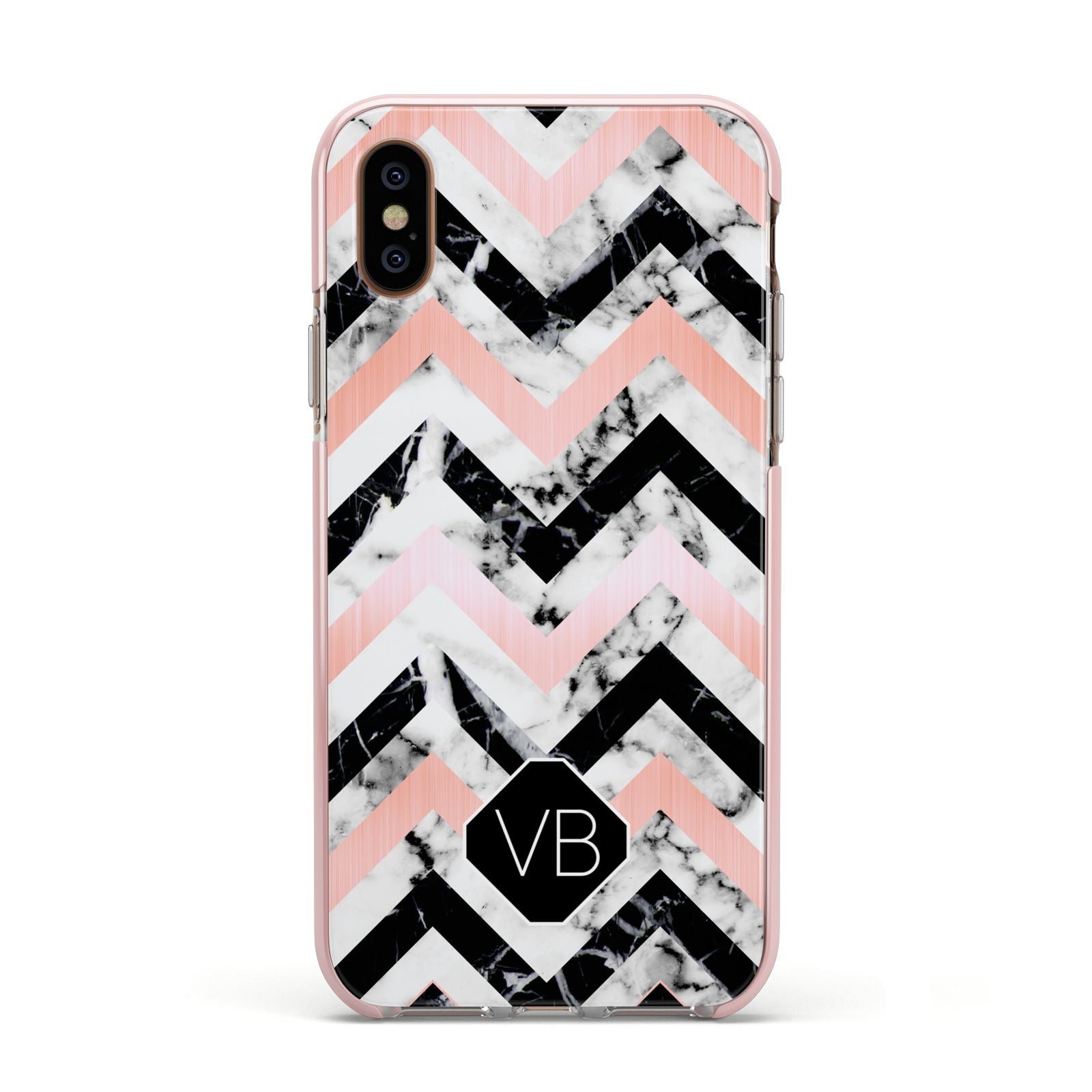 Personalised Marble Pattern Initials Apple iPhone Xs Impact Case Pink Edge on Gold Phone