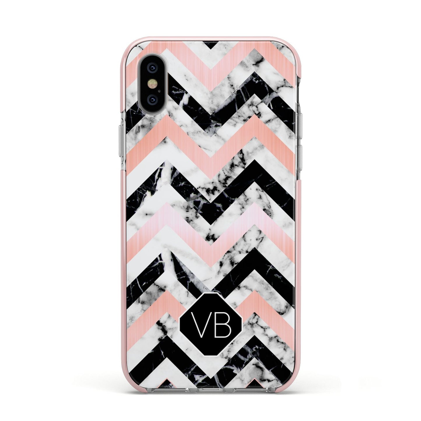 Personalised Marble Pattern Initials Apple iPhone Xs Impact Case Pink Edge on Silver Phone