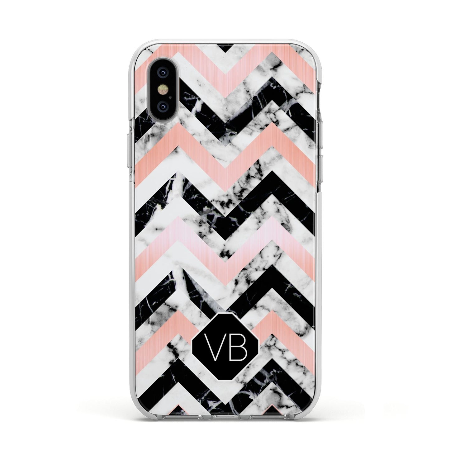 Personalised Marble Pattern Initials Apple iPhone Xs Impact Case White Edge on Silver Phone