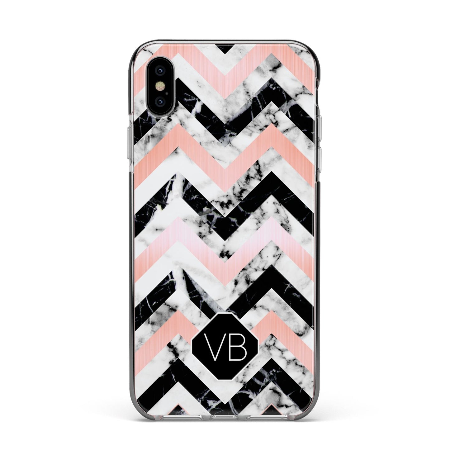 Personalised Marble Pattern Initials Apple iPhone Xs Max Impact Case Black Edge on Silver Phone