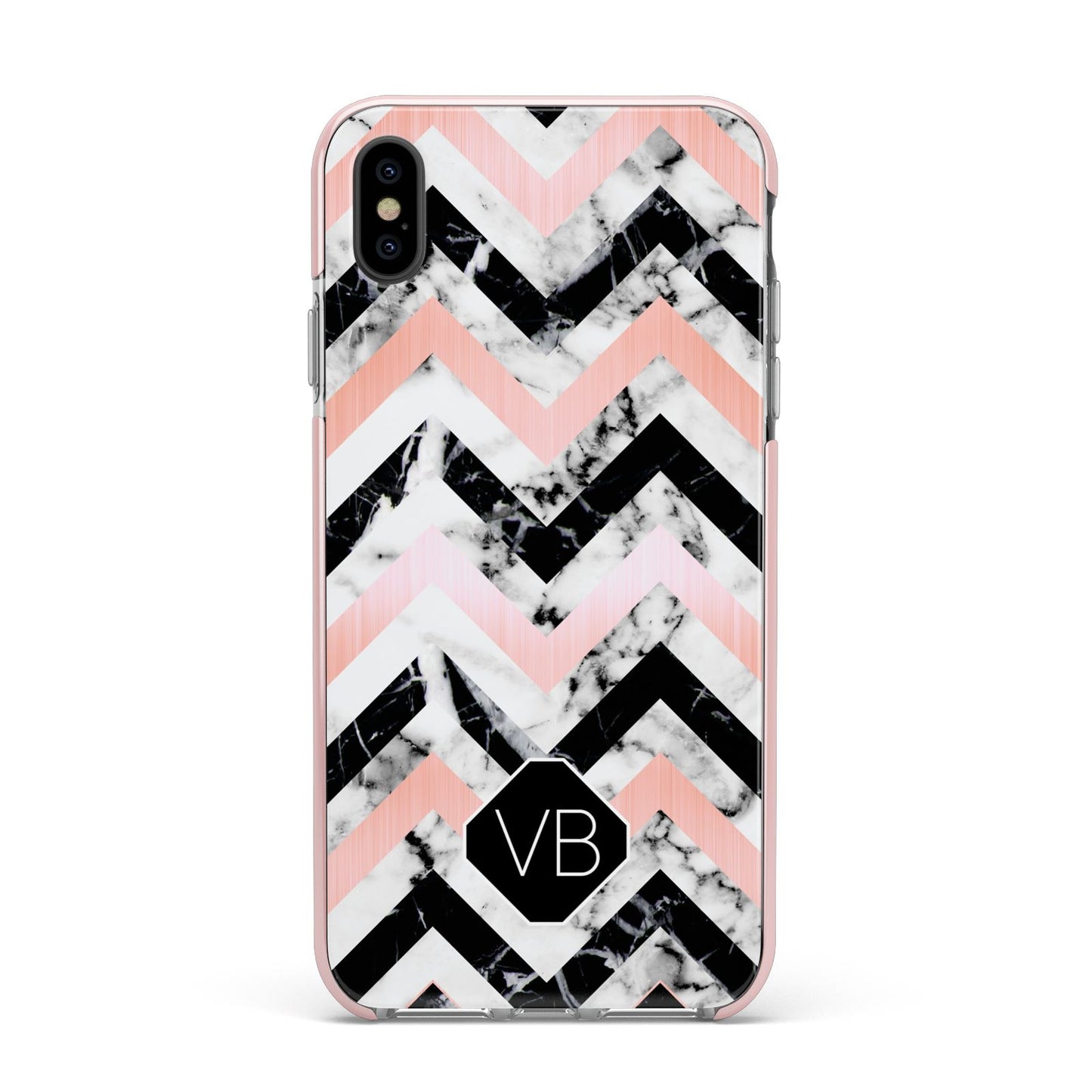 Personalised Marble Pattern Initials Apple iPhone Xs Max Impact Case Pink Edge on Black Phone