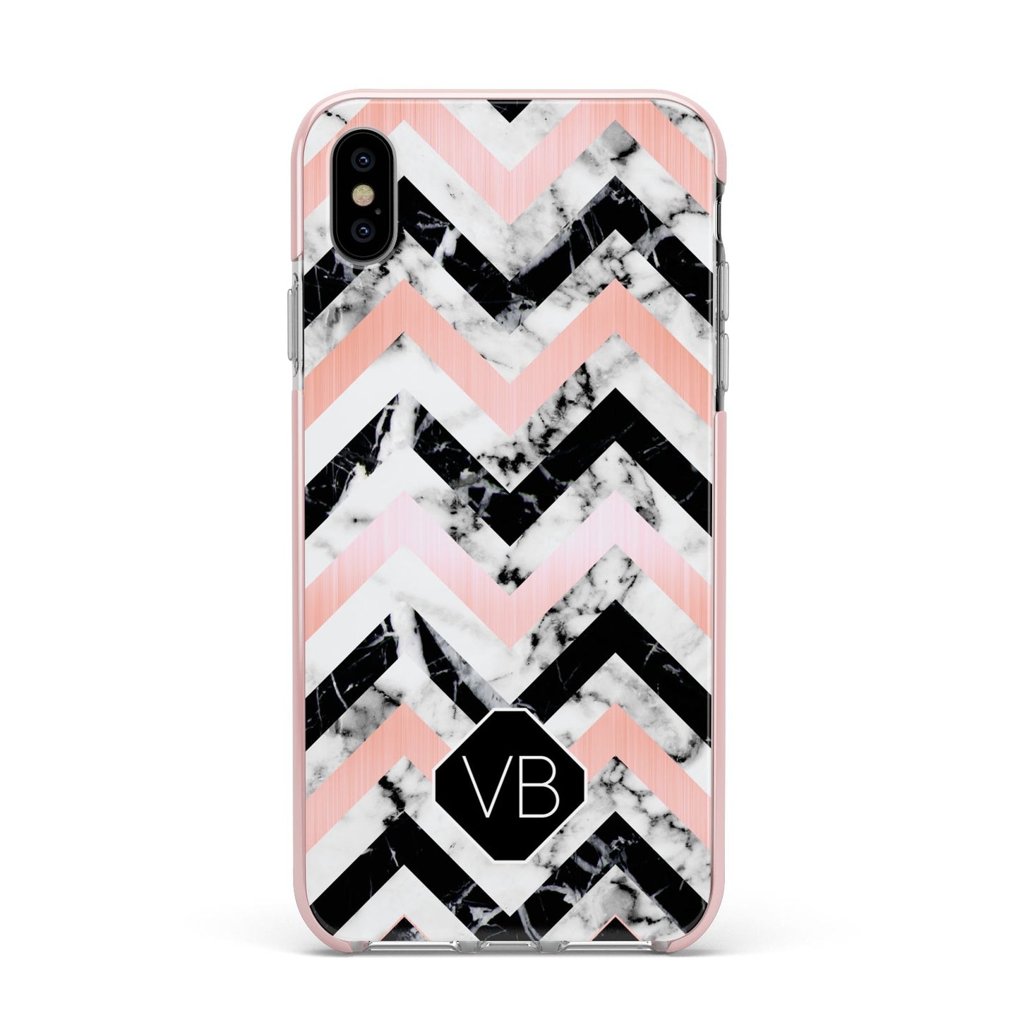 Personalised Marble Pattern Initials Apple iPhone Xs Max Impact Case Pink Edge on Silver Phone