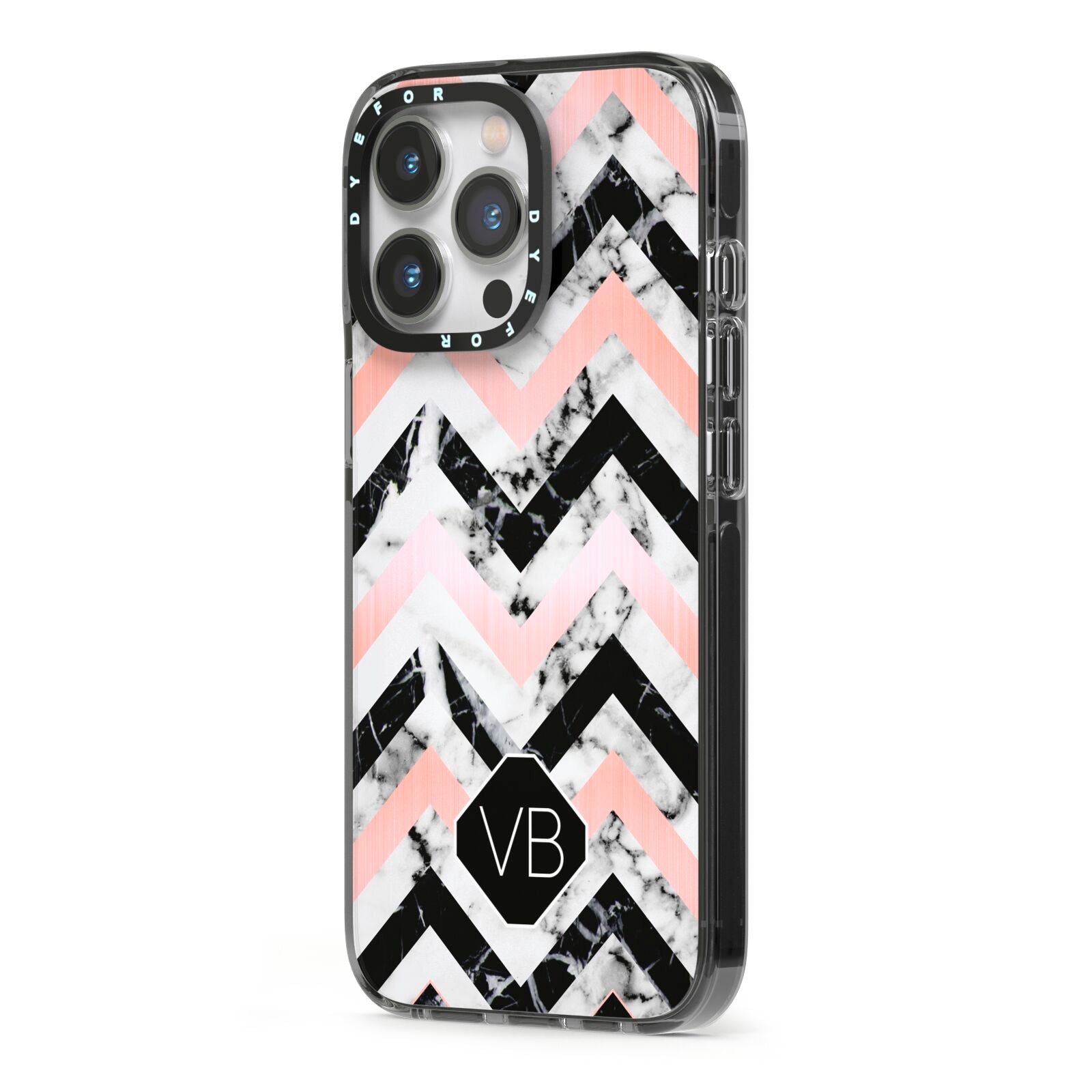 Personalised Marble Pattern Initials iPhone 13 Pro Black Impact Case Side Angle on Silver phone