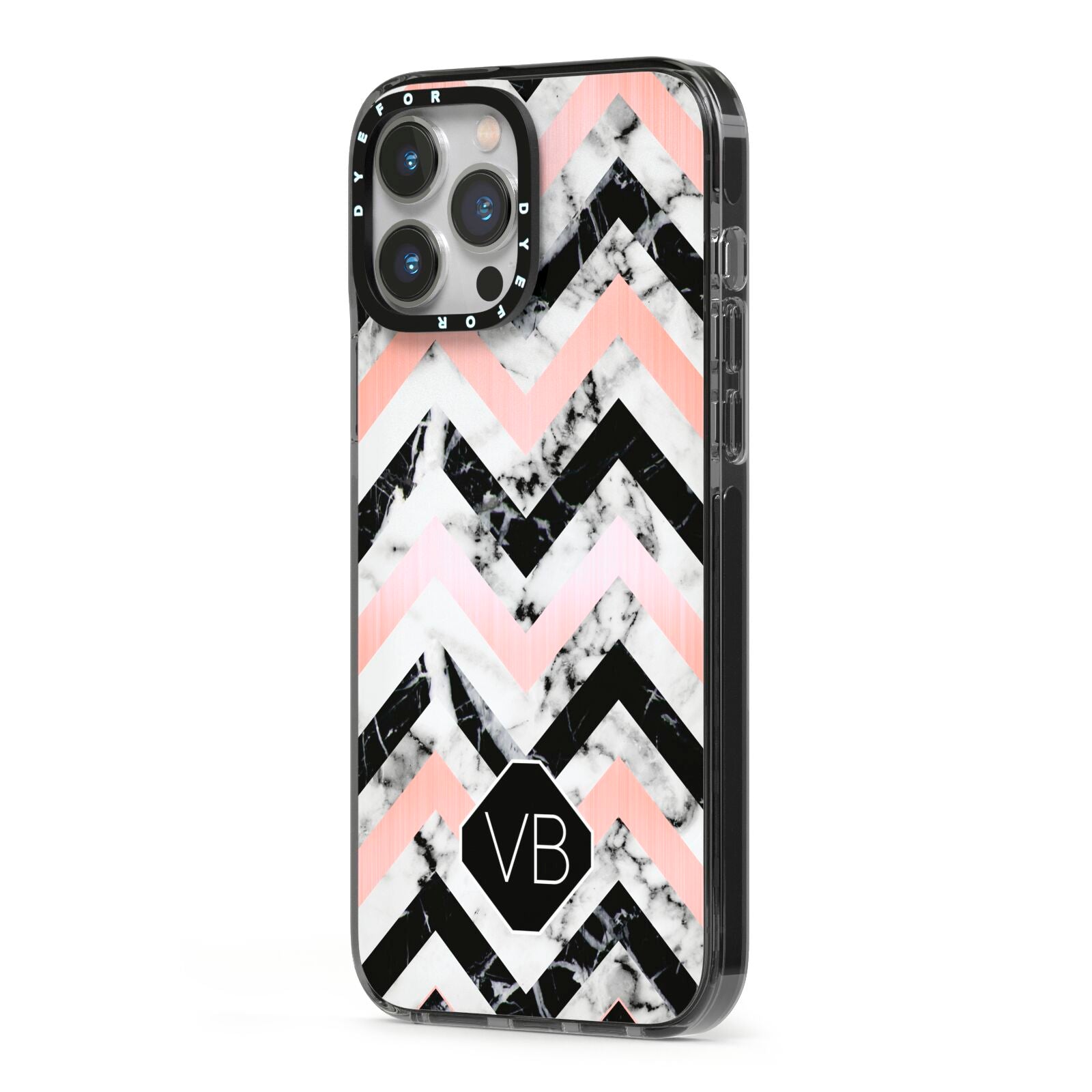 Personalised Marble Pattern Initials iPhone 13 Pro Max Black Impact Case Side Angle on Silver phone