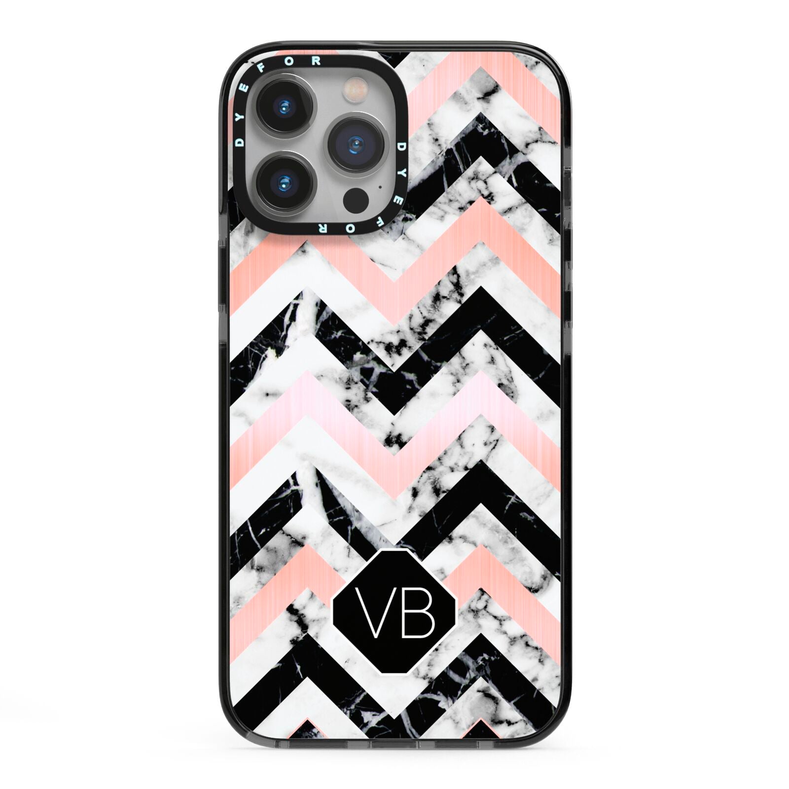 Personalised Marble Pattern Initials iPhone 13 Pro Max Black Impact Case on Silver phone