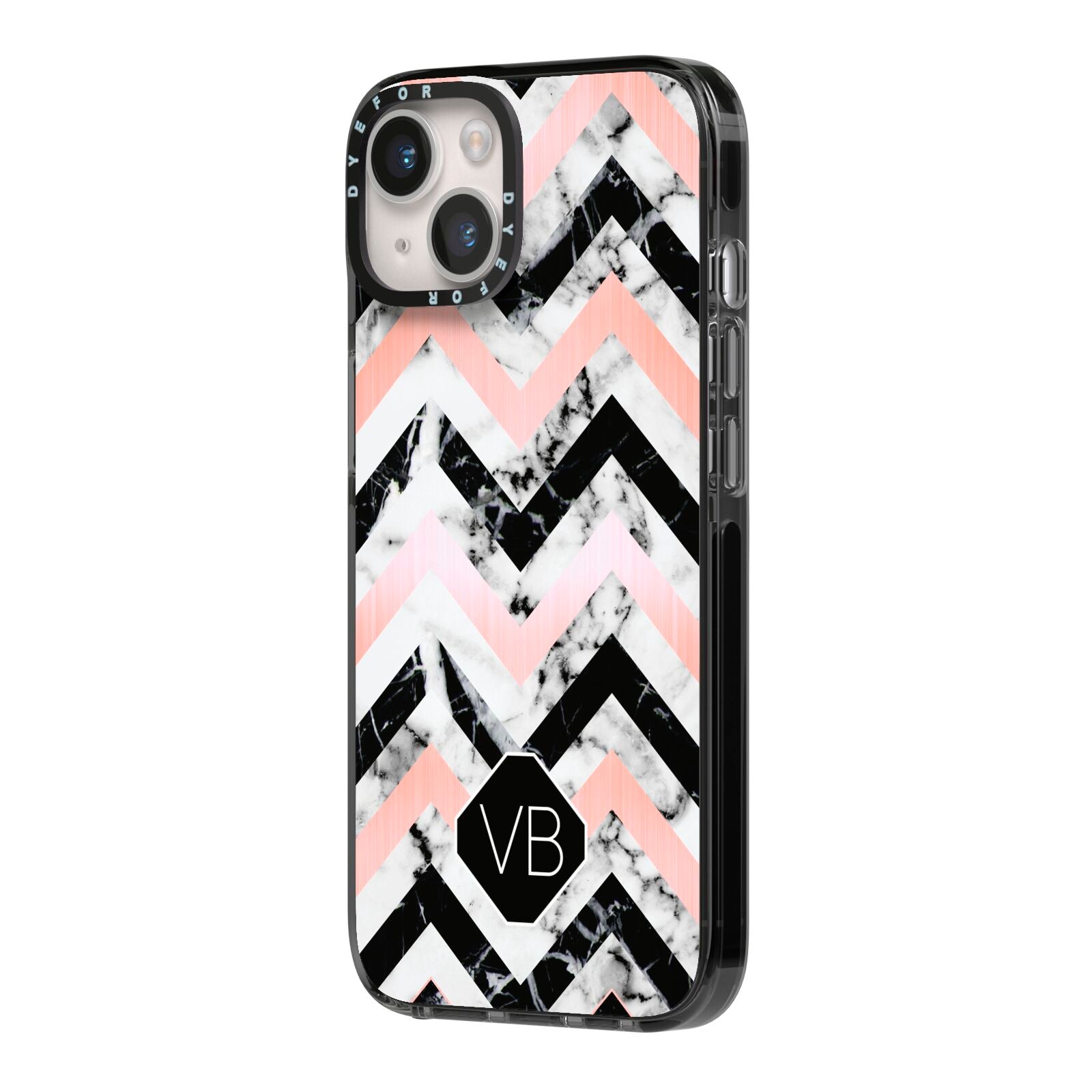 Personalised Marble Pattern Initials iPhone 14 Black Impact Case Side Angle on Silver phone