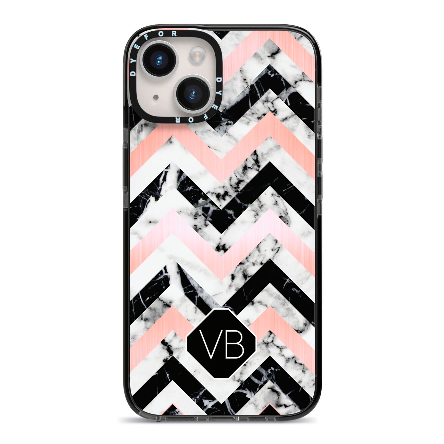 Personalised Marble Pattern Initials iPhone 14 Black Impact Case on Silver phone