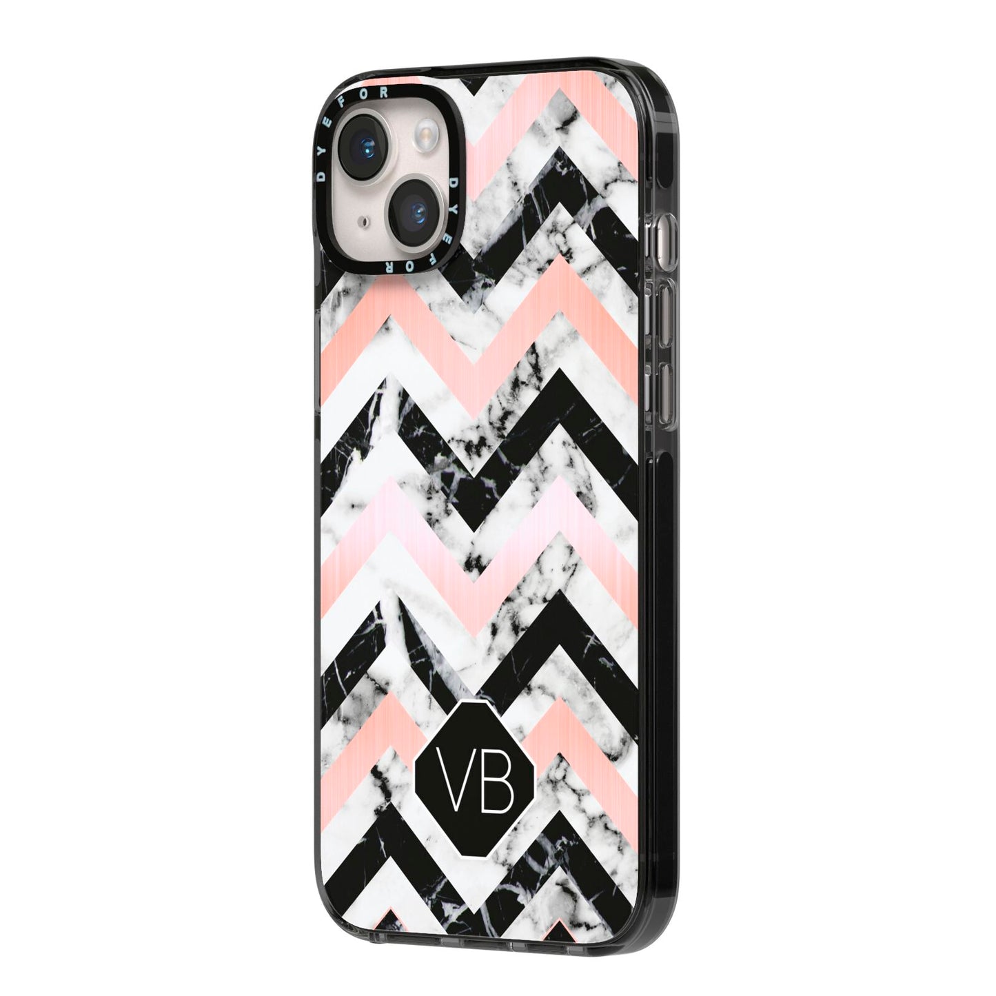 Personalised Marble Pattern Initials iPhone 14 Plus Black Impact Case Side Angle on Silver phone