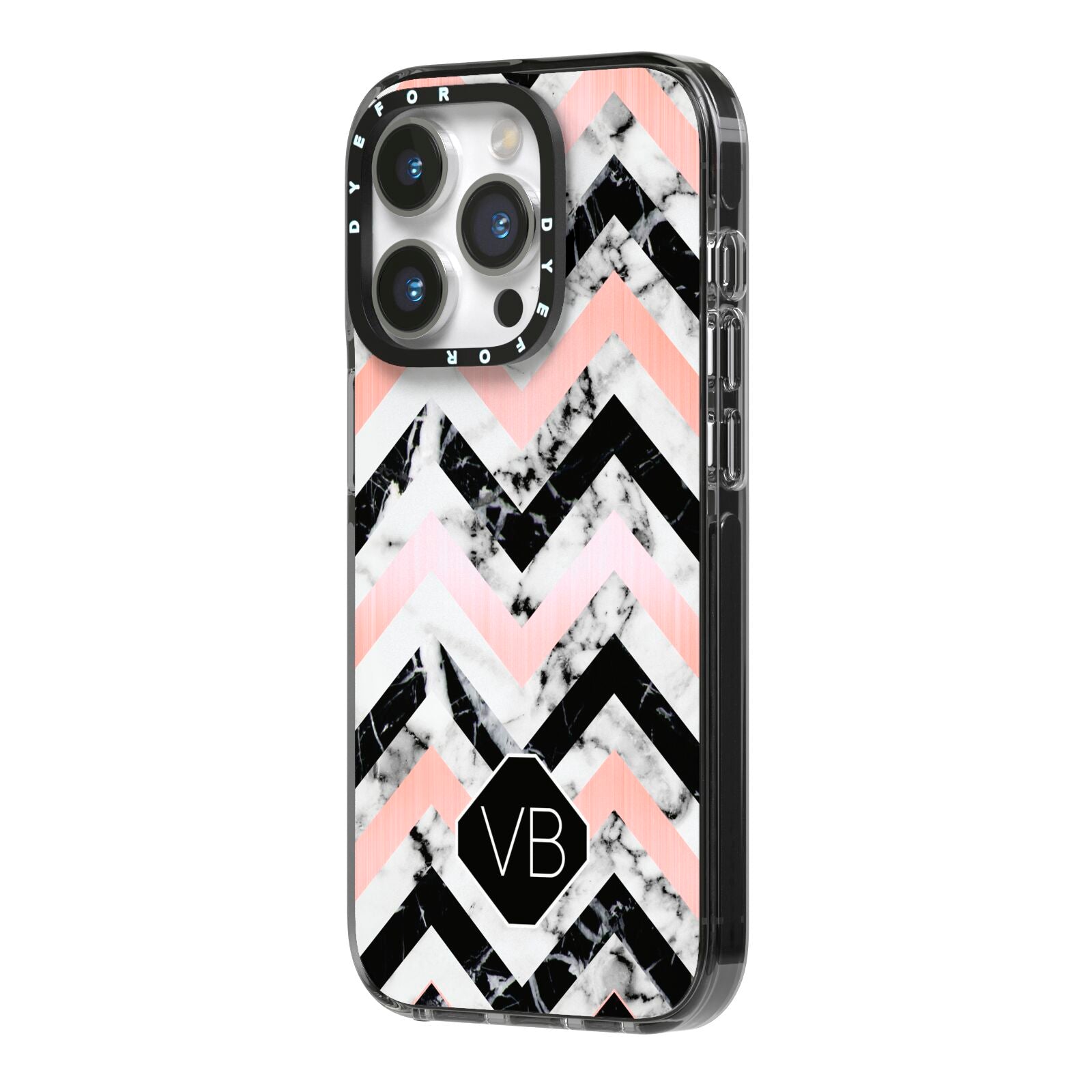 Personalised Marble Pattern Initials iPhone 14 Pro Black Impact Case Side Angle on Silver phone