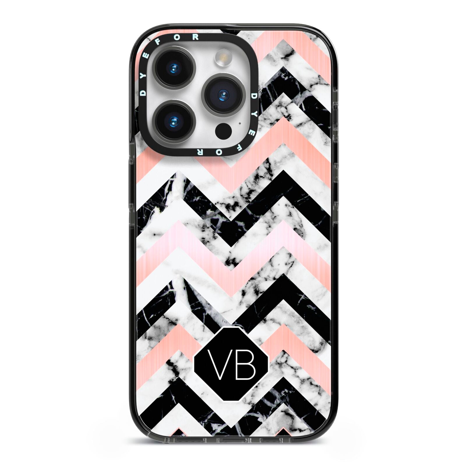 Personalised Marble Pattern Initials iPhone 14 Pro Black Impact Case on Silver phone