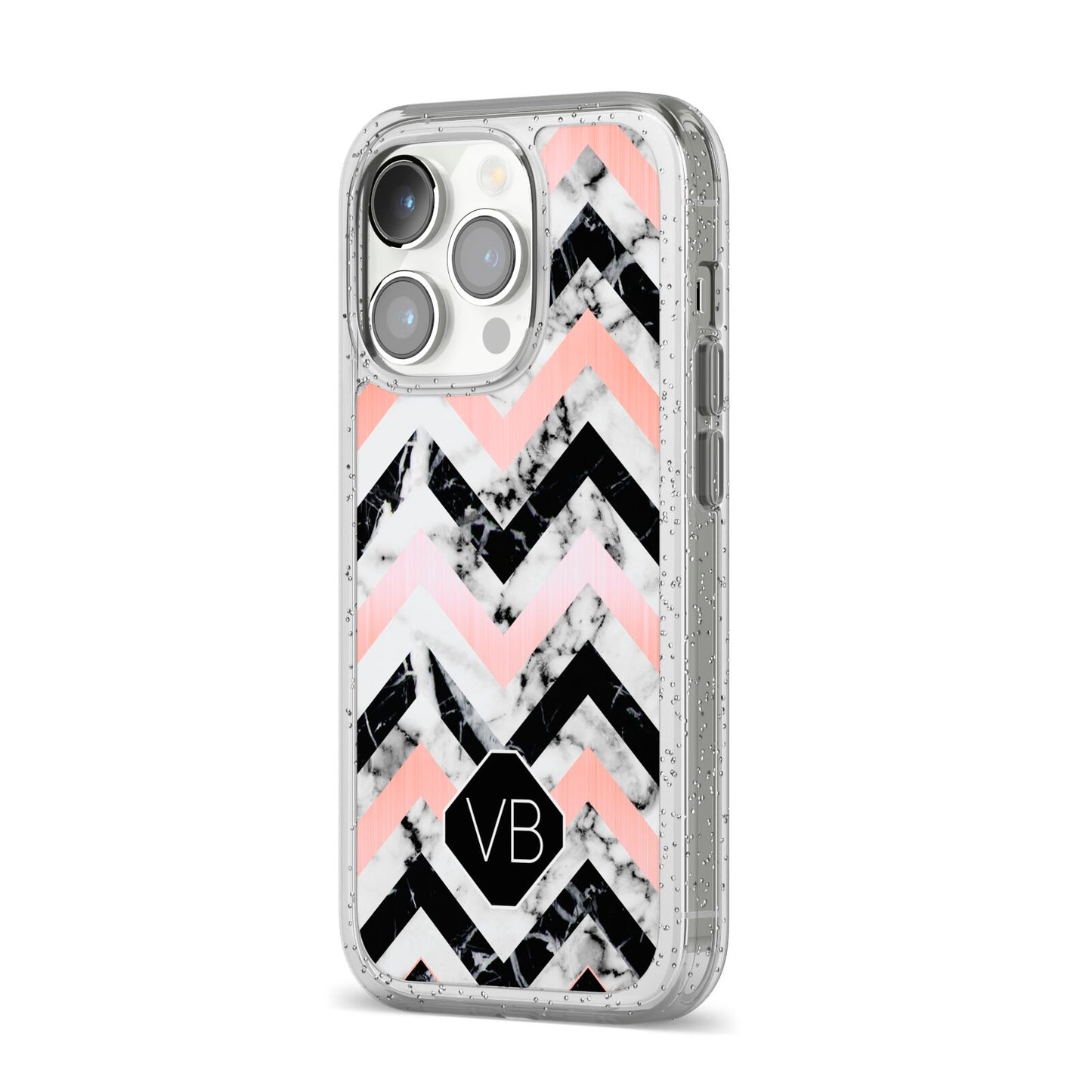 Personalised Marble Pattern Initials iPhone 14 Pro Glitter Tough Case Silver Angled Image